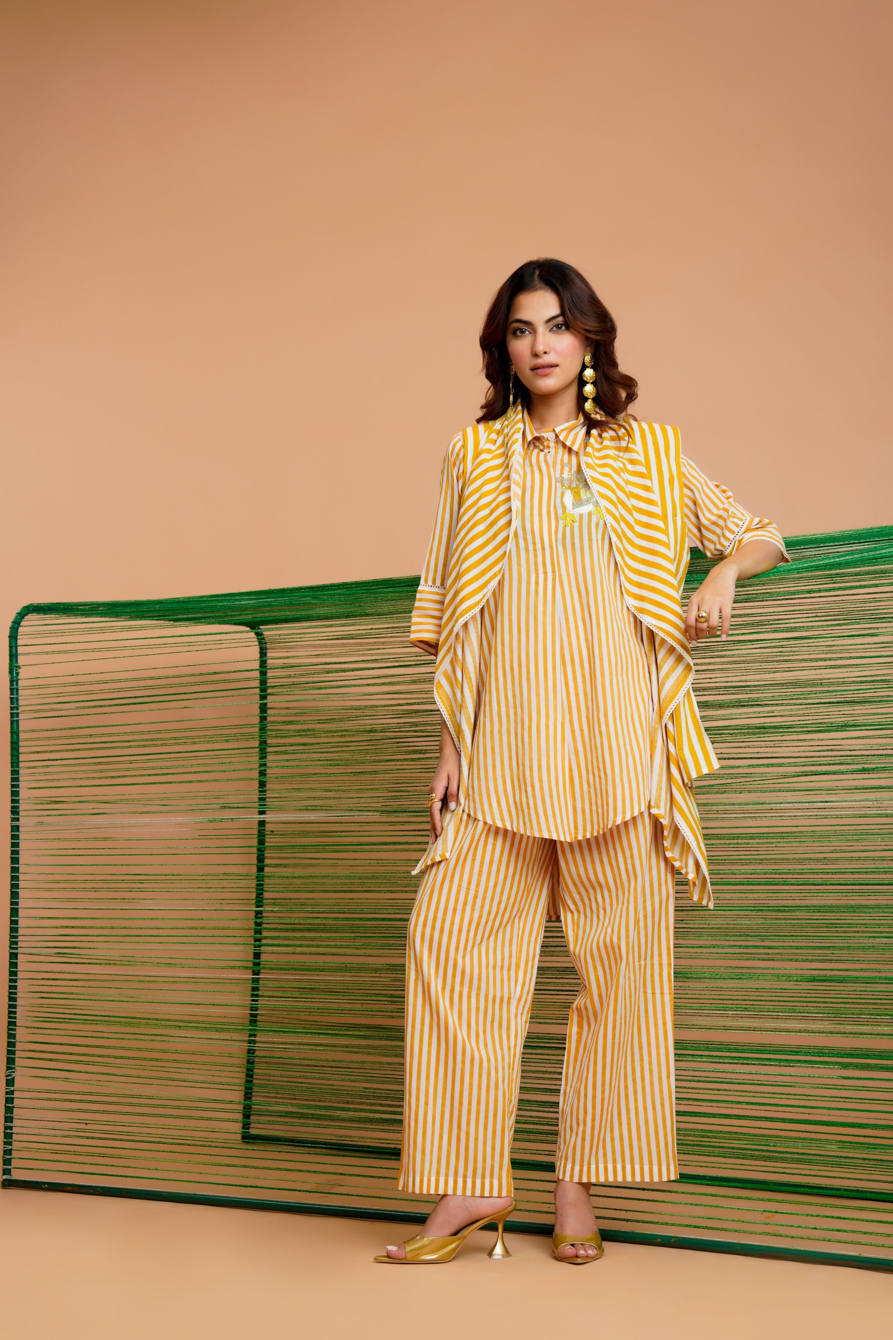 Ochre Stripe Embellished Mul Chanderi Co-Ord Set