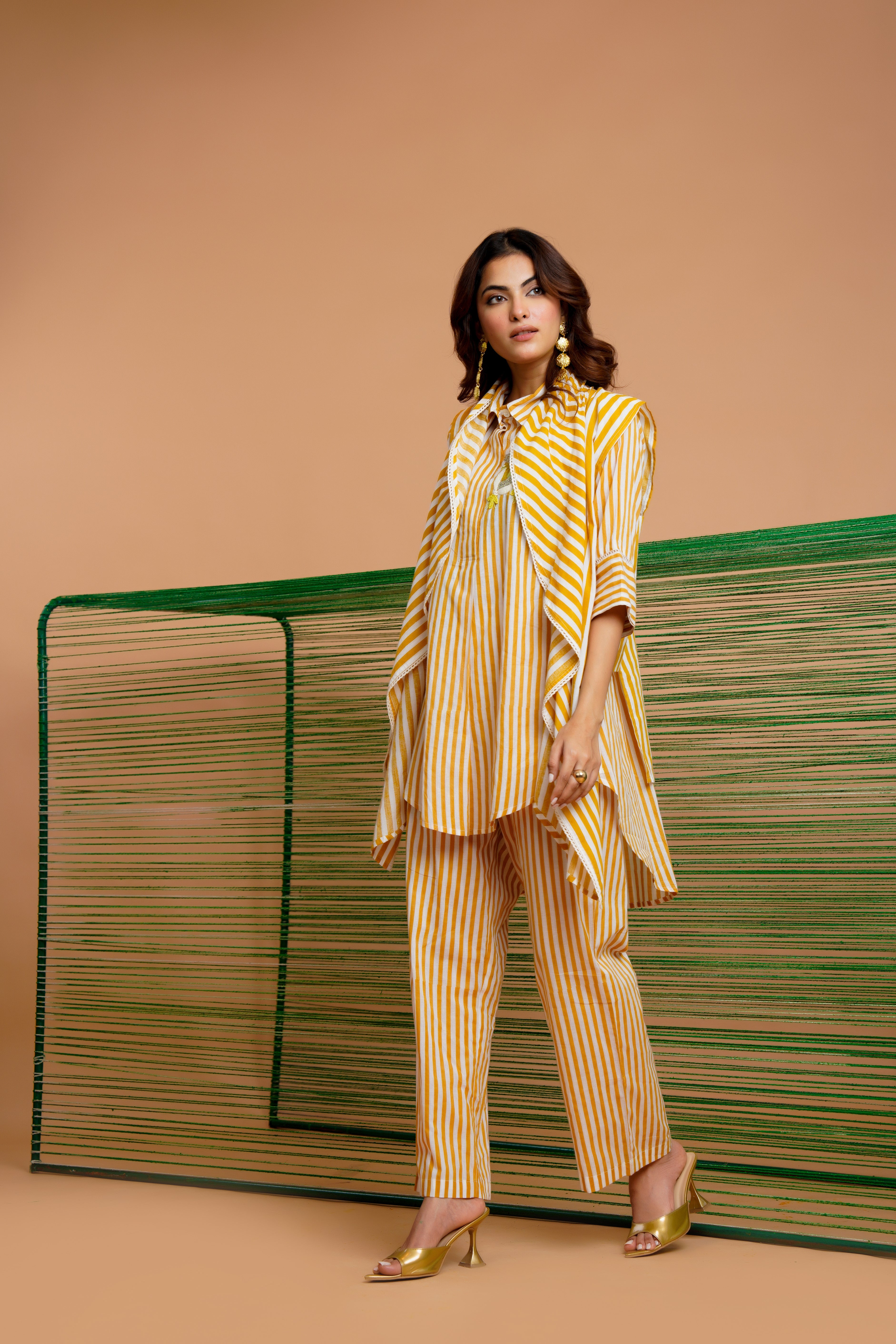 Ochre Stripe Embellished Mul Chanderi Co-Ord Set