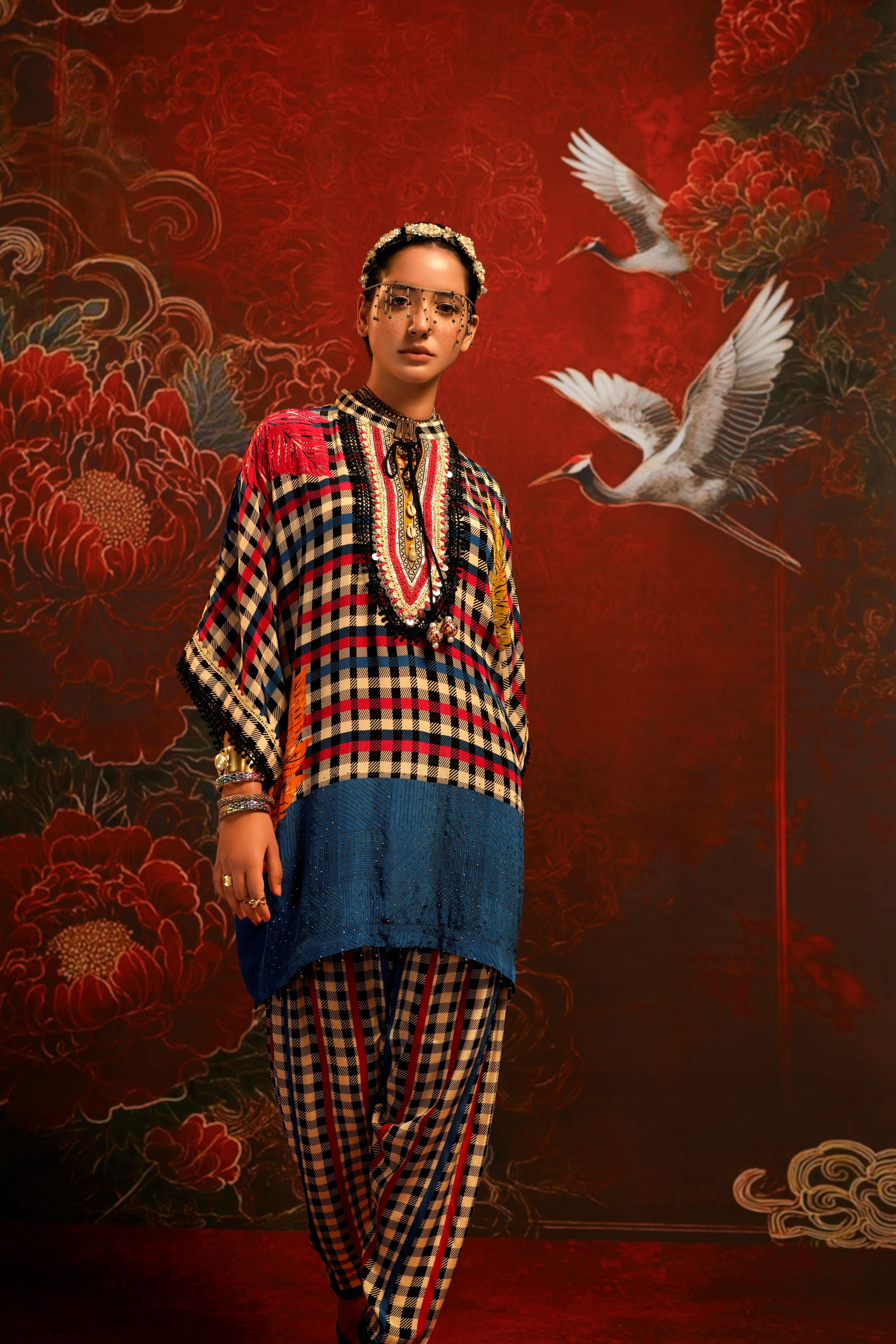 Cerulean Gingham Printed Crepe Silk Co-Ord Set