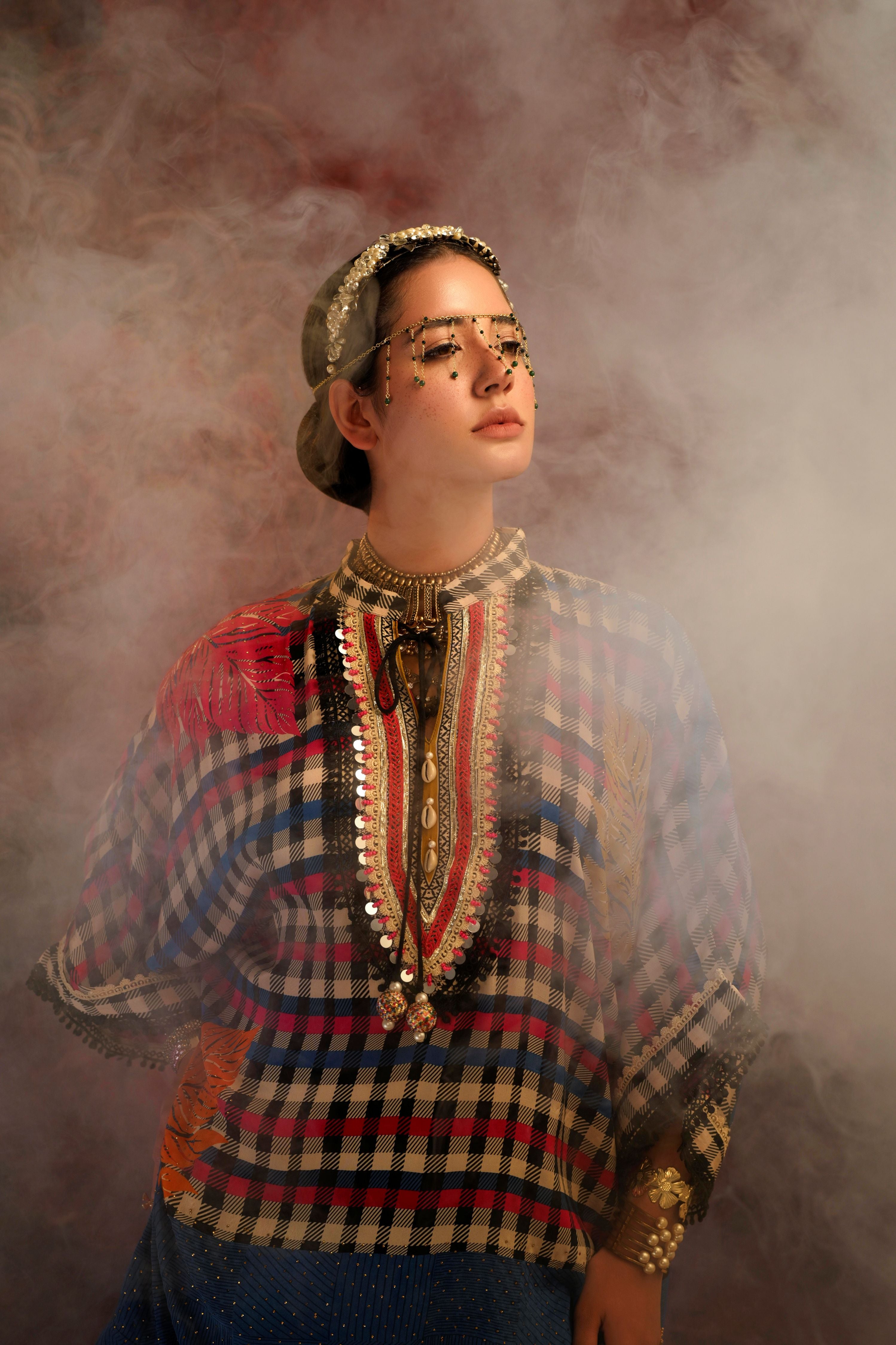 Cerulean Gingham Printed Crepe Silk Co-Ord Set