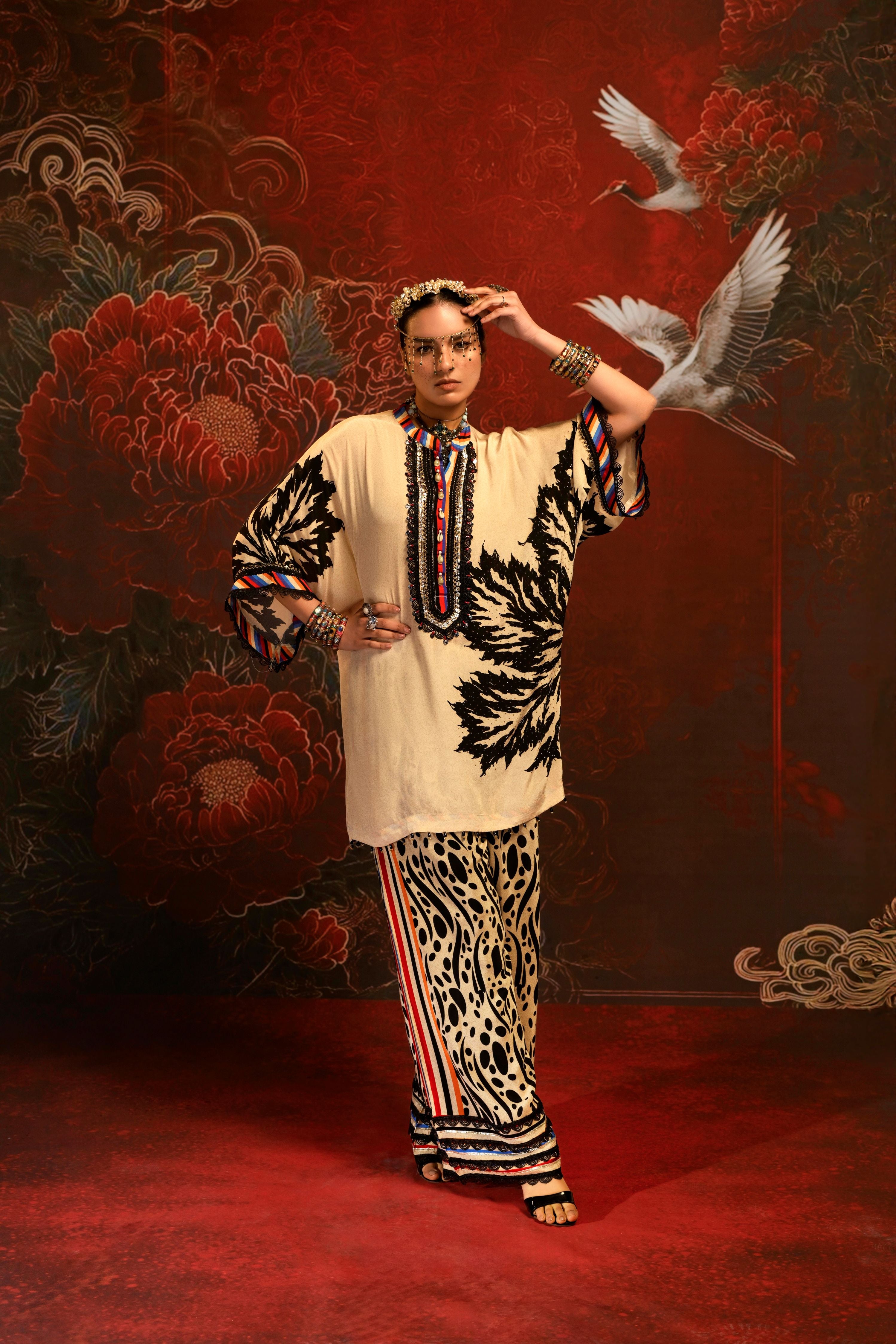 Off White Fusion Embellished Crepe Silk Co-Ord Set