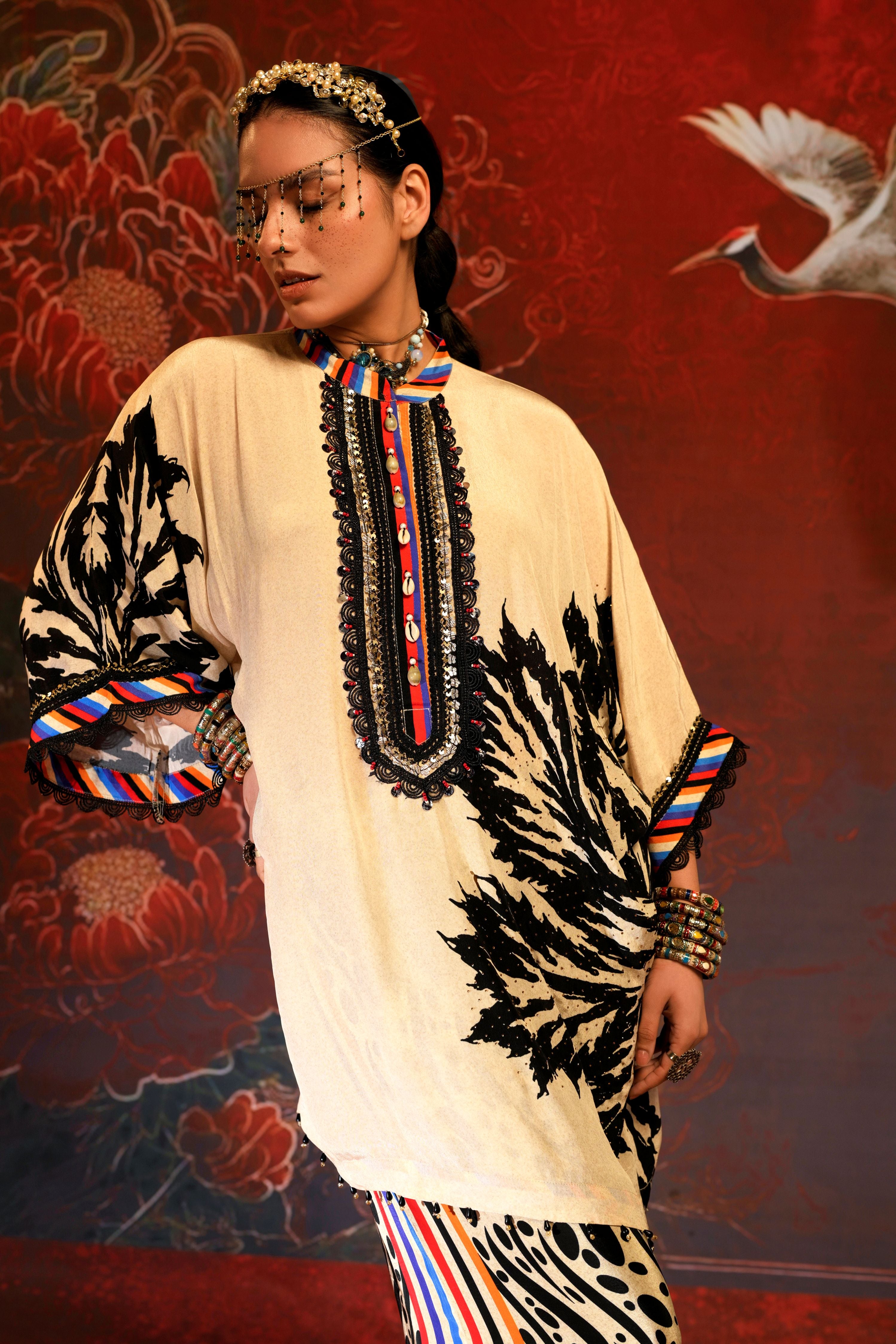 Off White Fusion Embellished Crepe Silk Co-Ord Set