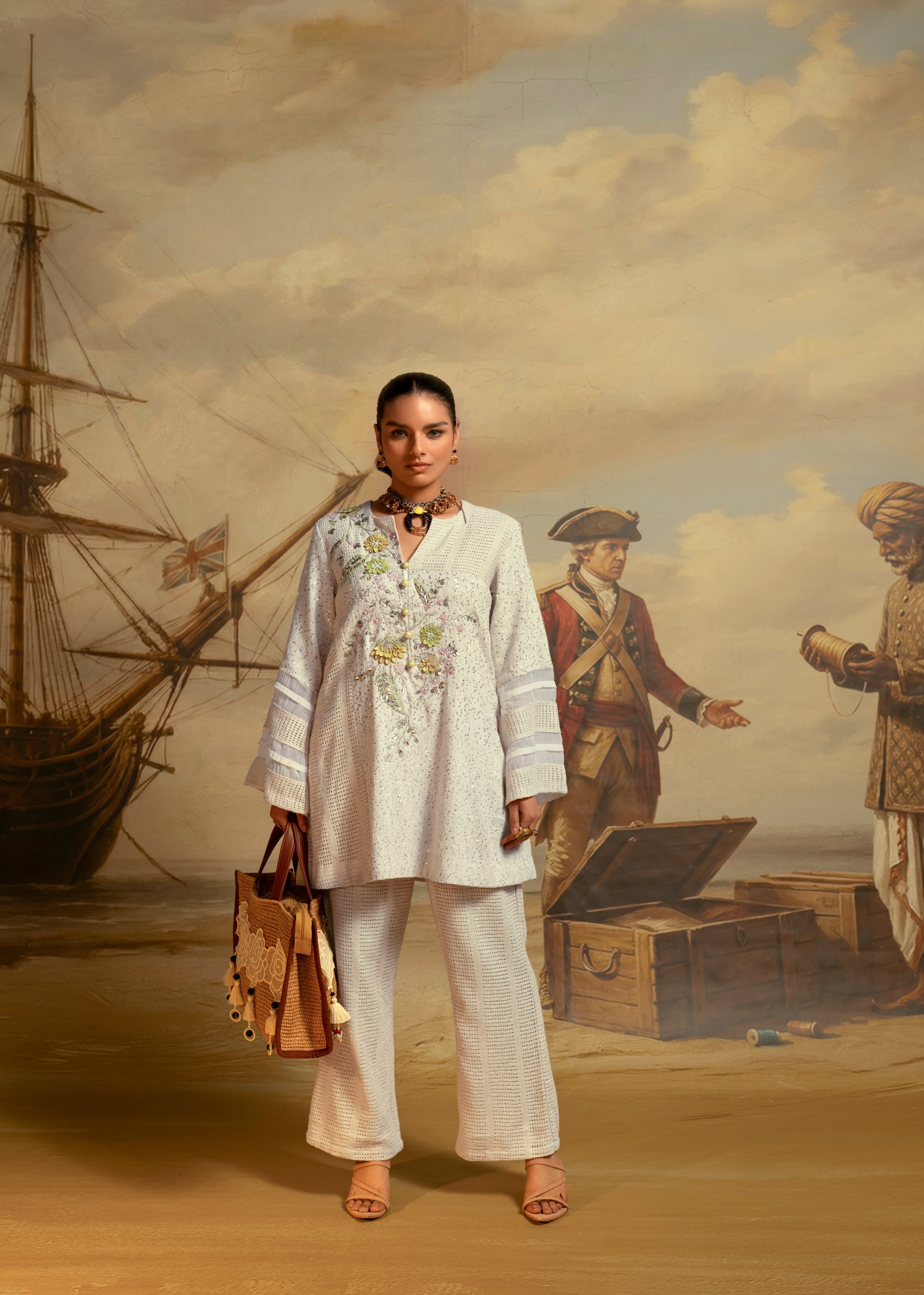 Cream Embroidered Jute Co-ord Set