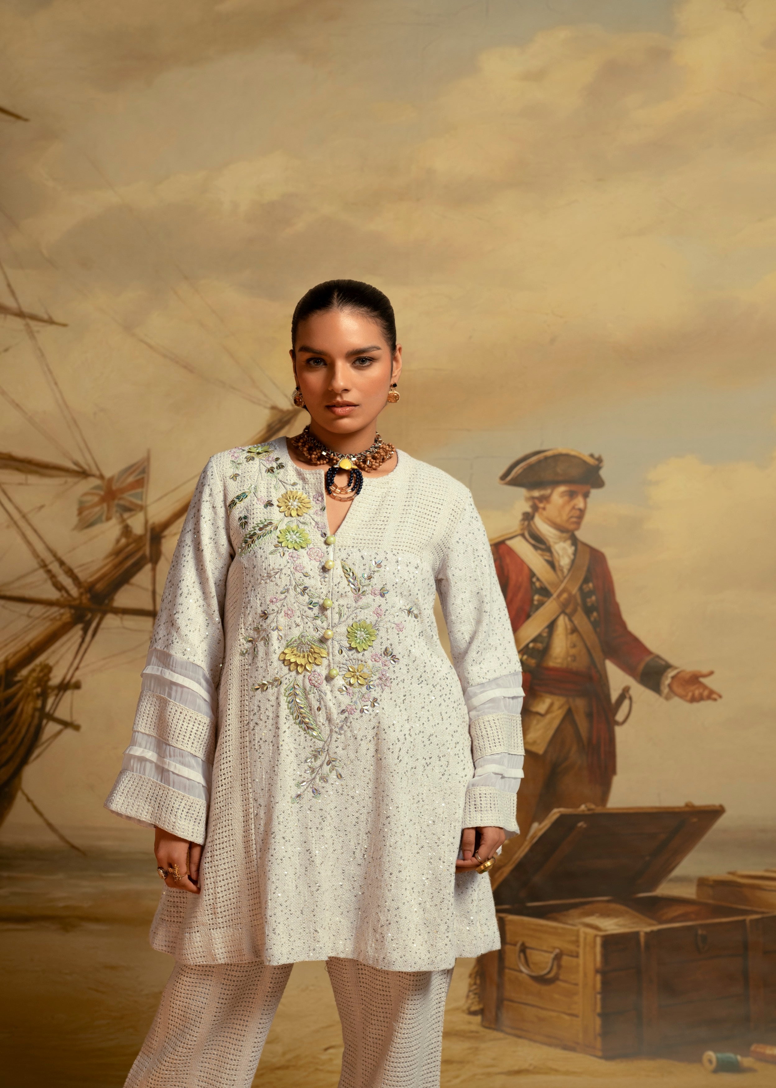 Cream Embroidered Jute Co-ord Set