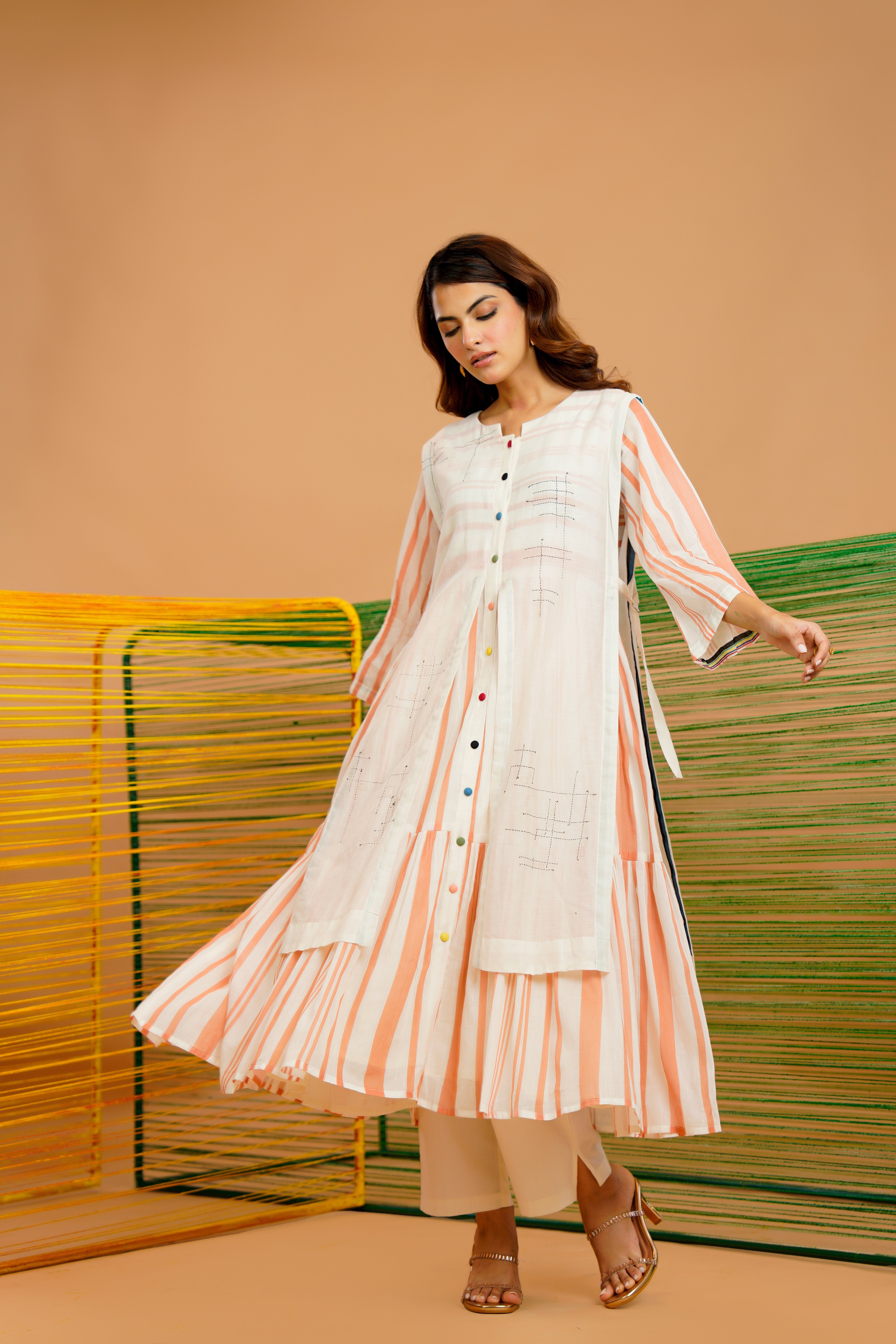 Rust-Stripe Printed Cotton Kurta Set