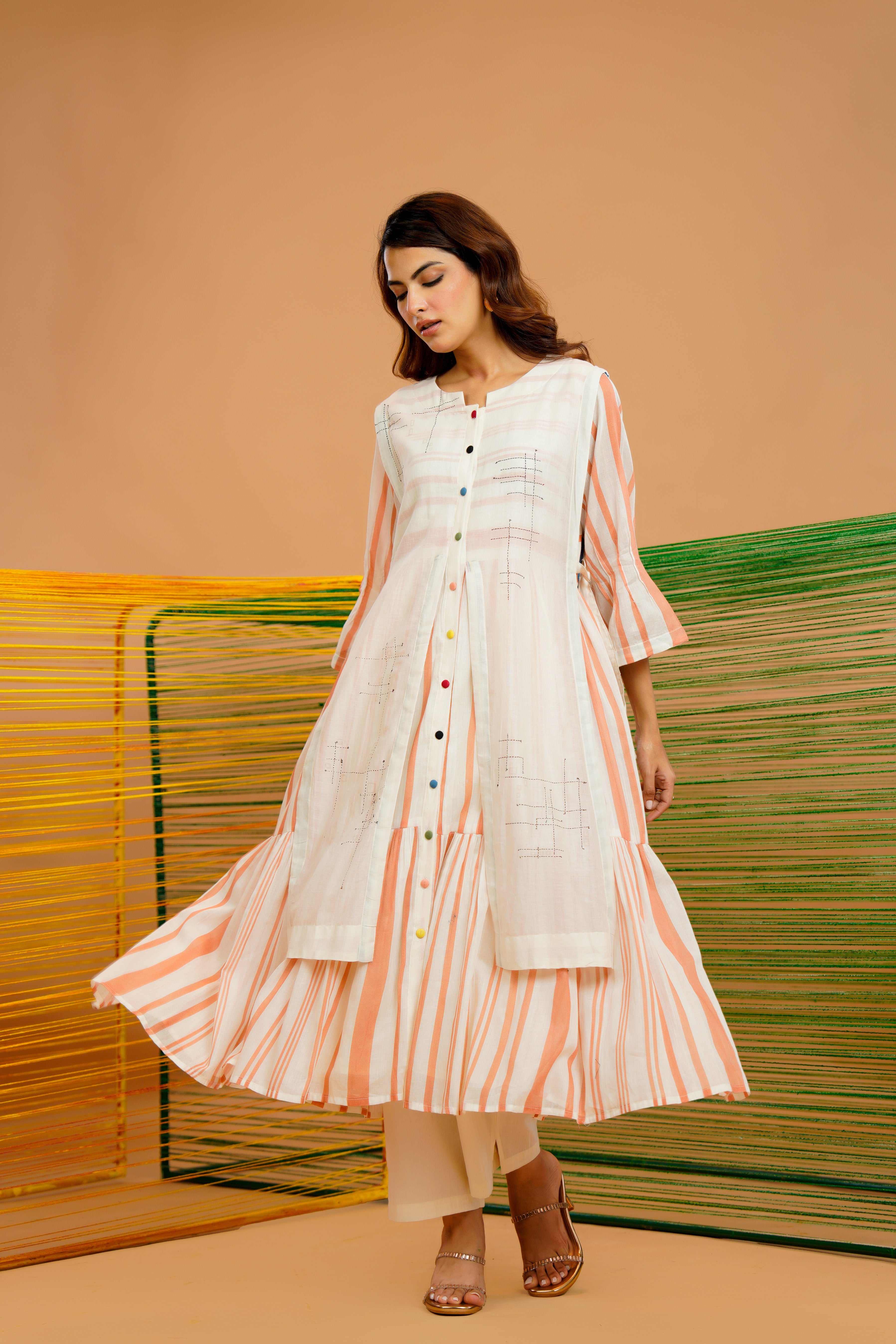 Rust-Stripe Printed Cotton Kurta Set