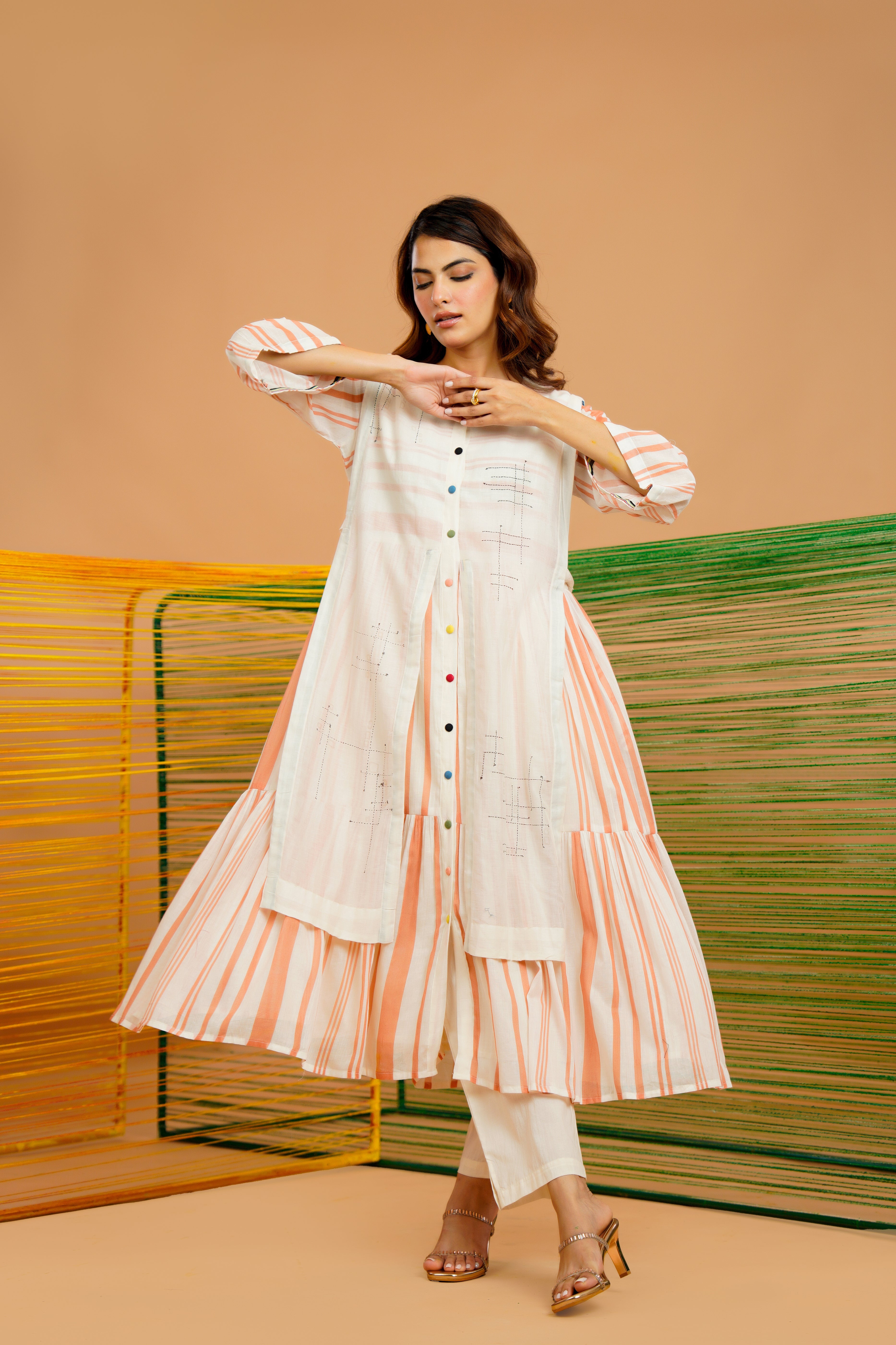 Rust-Stripe Printed Cotton Kurta Set