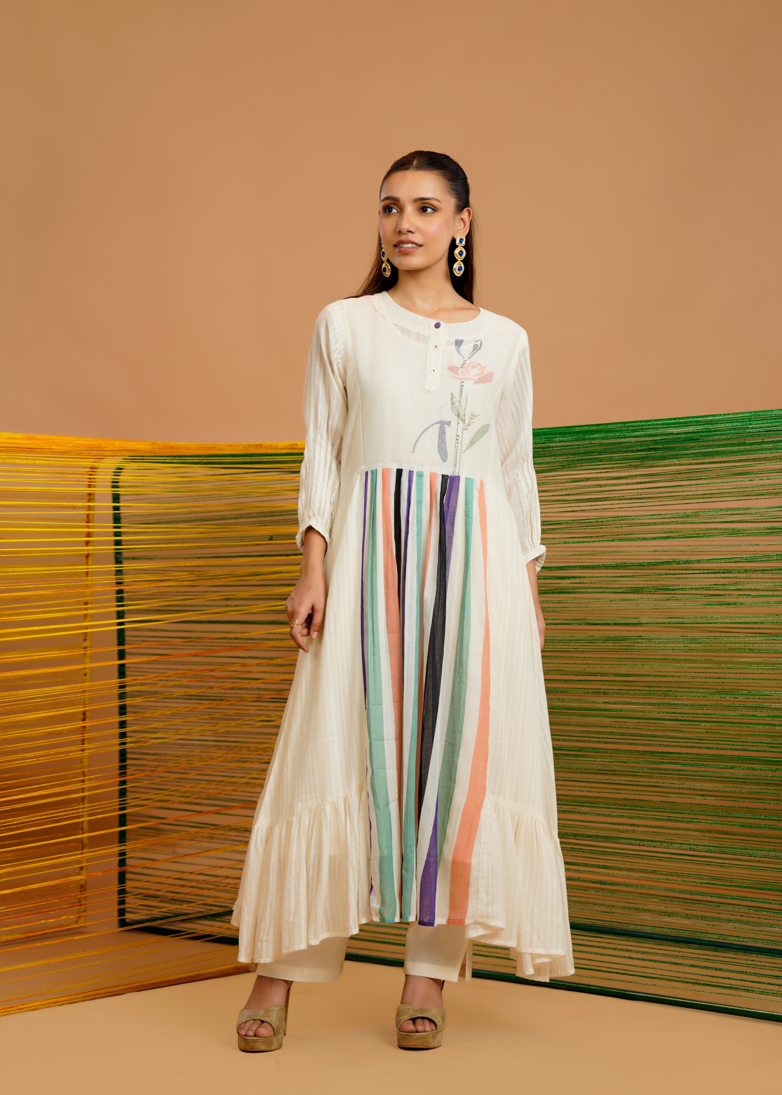Ivory Multi-Stripe Printed Cotton Kurta Set