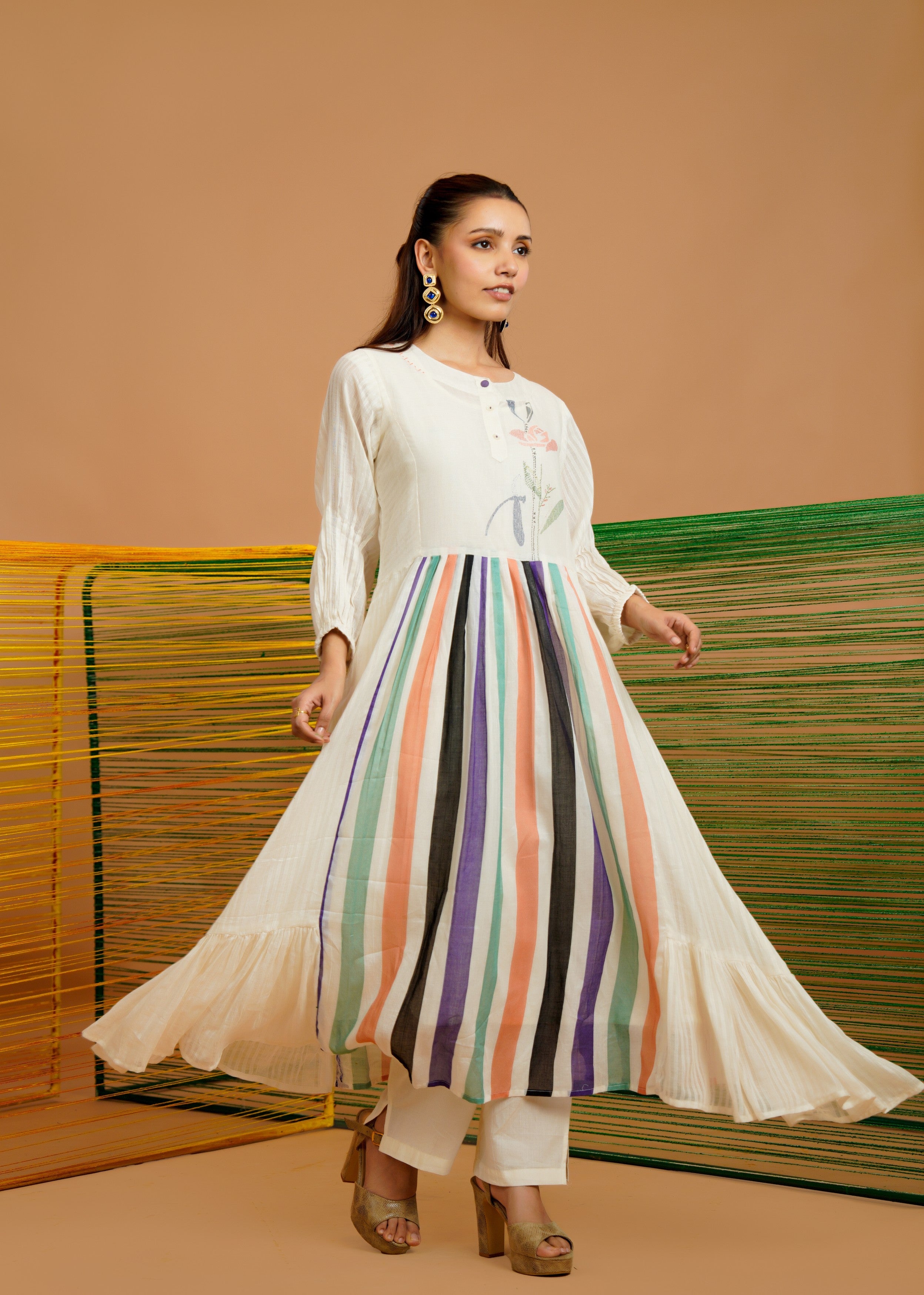 Ivory Multi-Stripe Printed Cotton Kurta Set