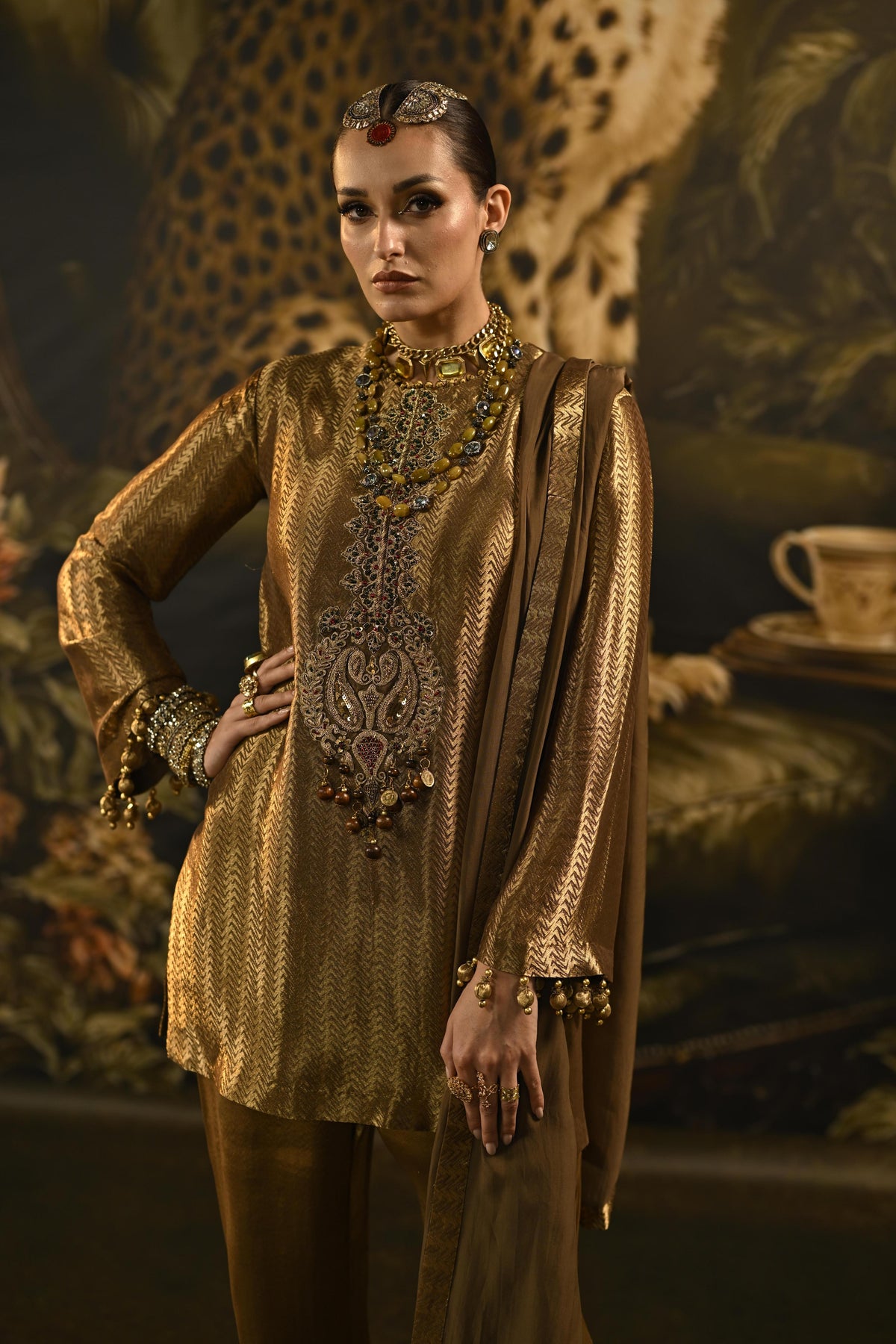 Champagne Gold Embellished Banarasi Brocade Silk Pant Set