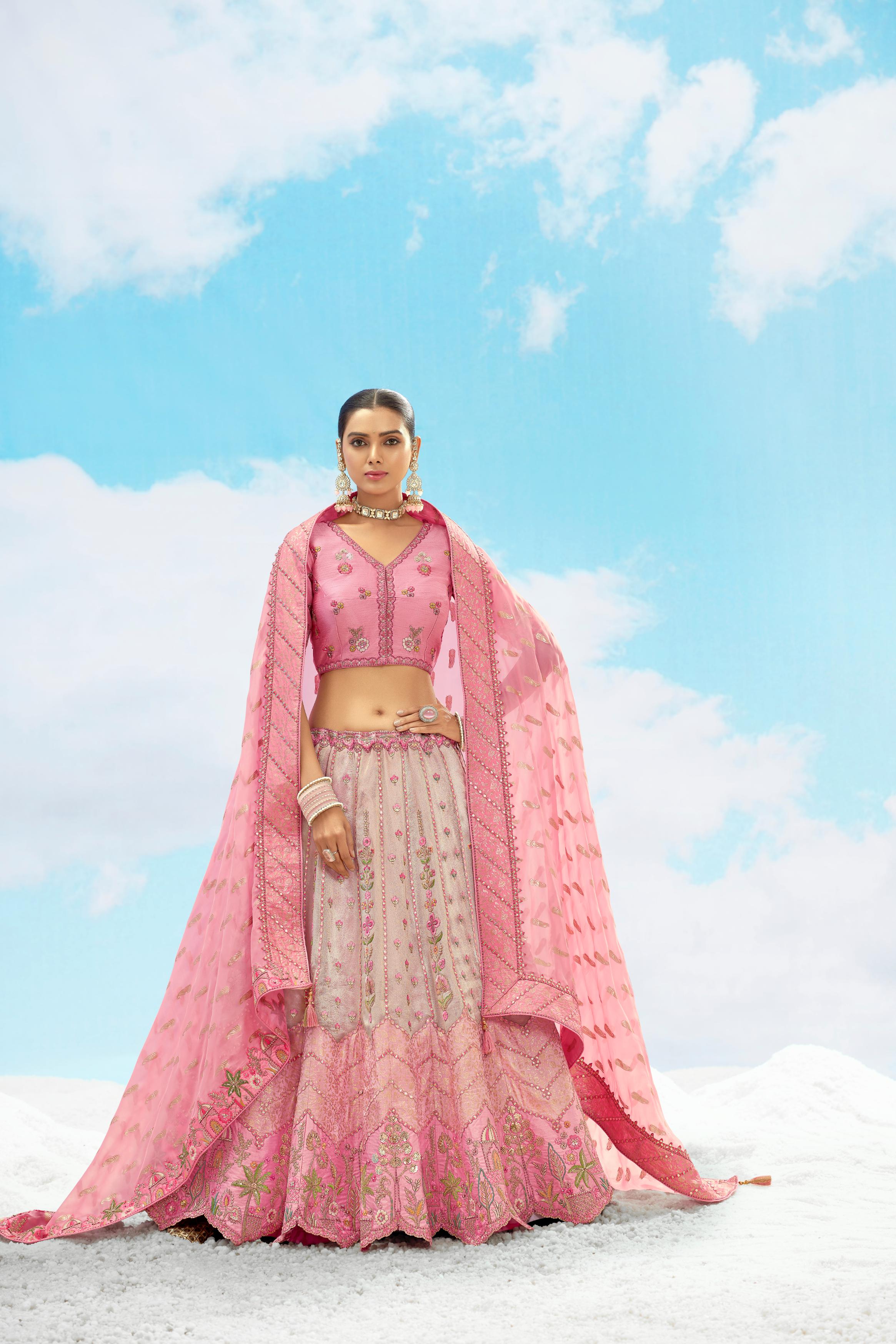 Peach Embroidered Premium Organza Silk Lehenga Set