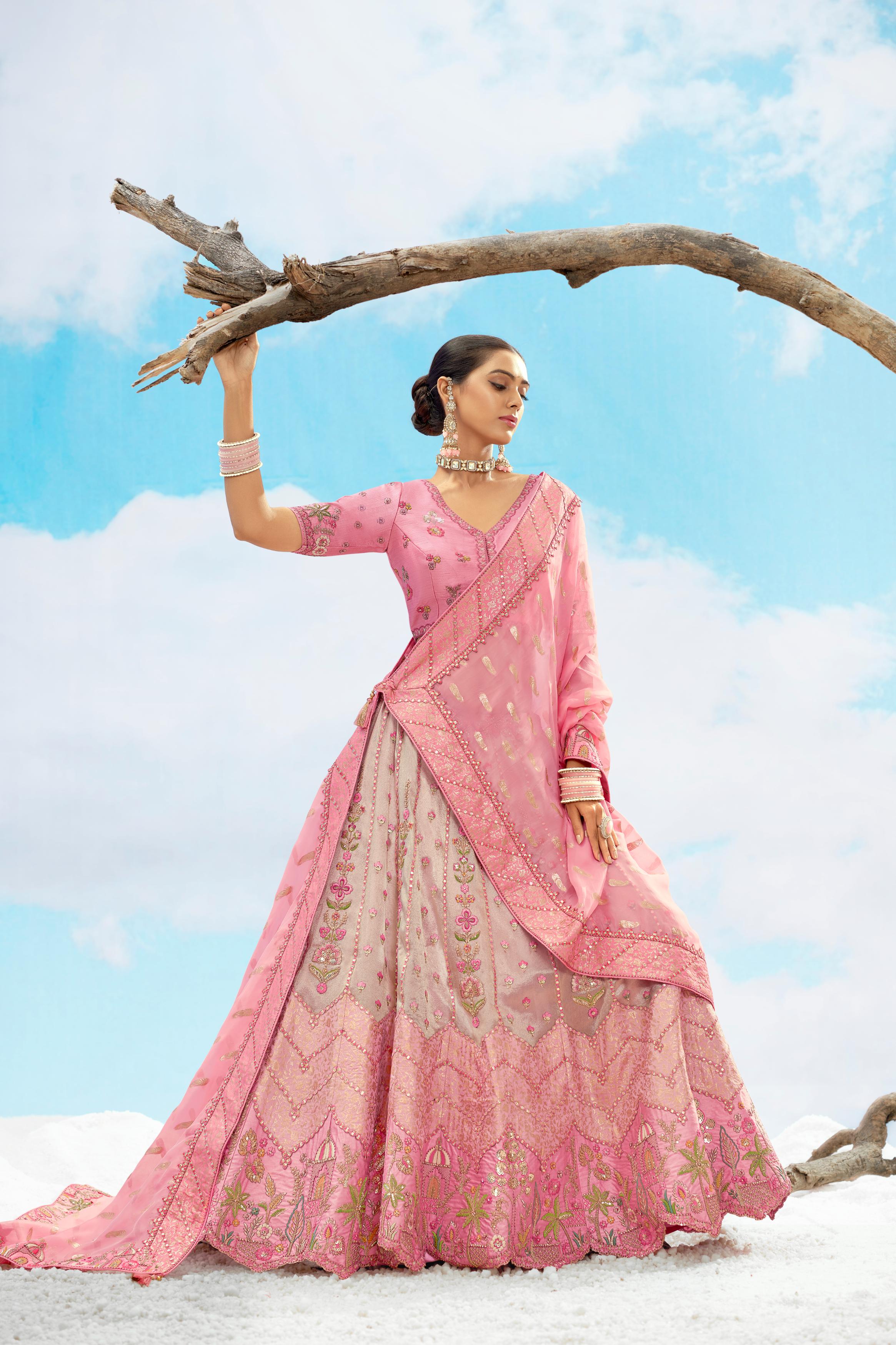 Peach Embroidered Premium Organza Silk Lehenga Set