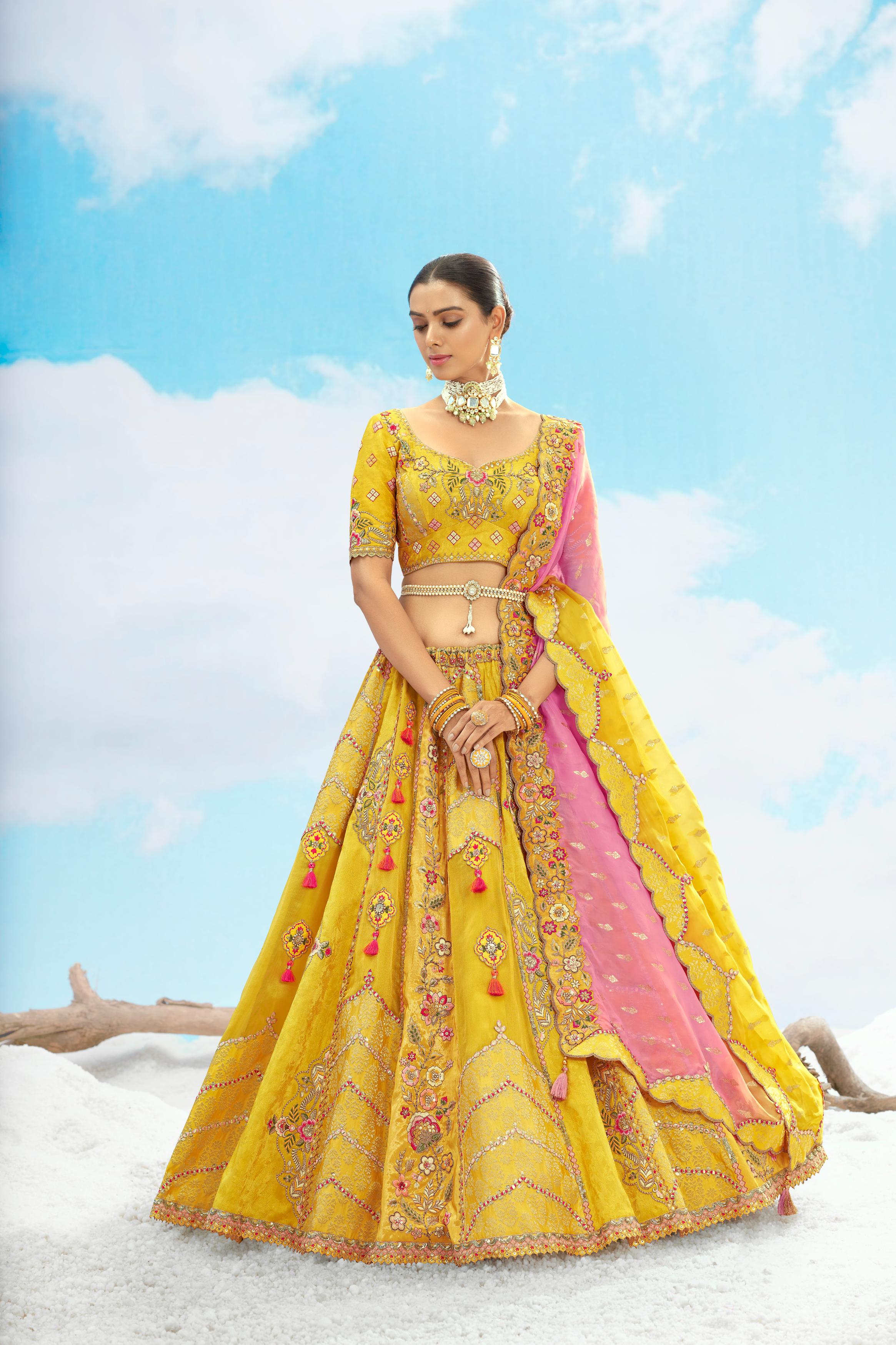 Sunshine Multi Yellow Embellished Premium Tissue Silk Lehenga Set