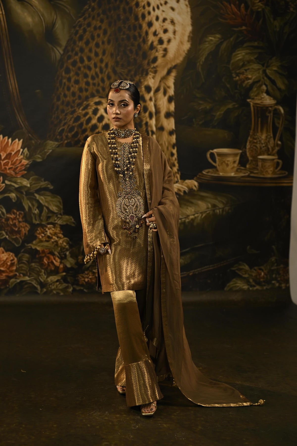 Champagne Gold Embellished Banarasi Brocade Silk Pant Set