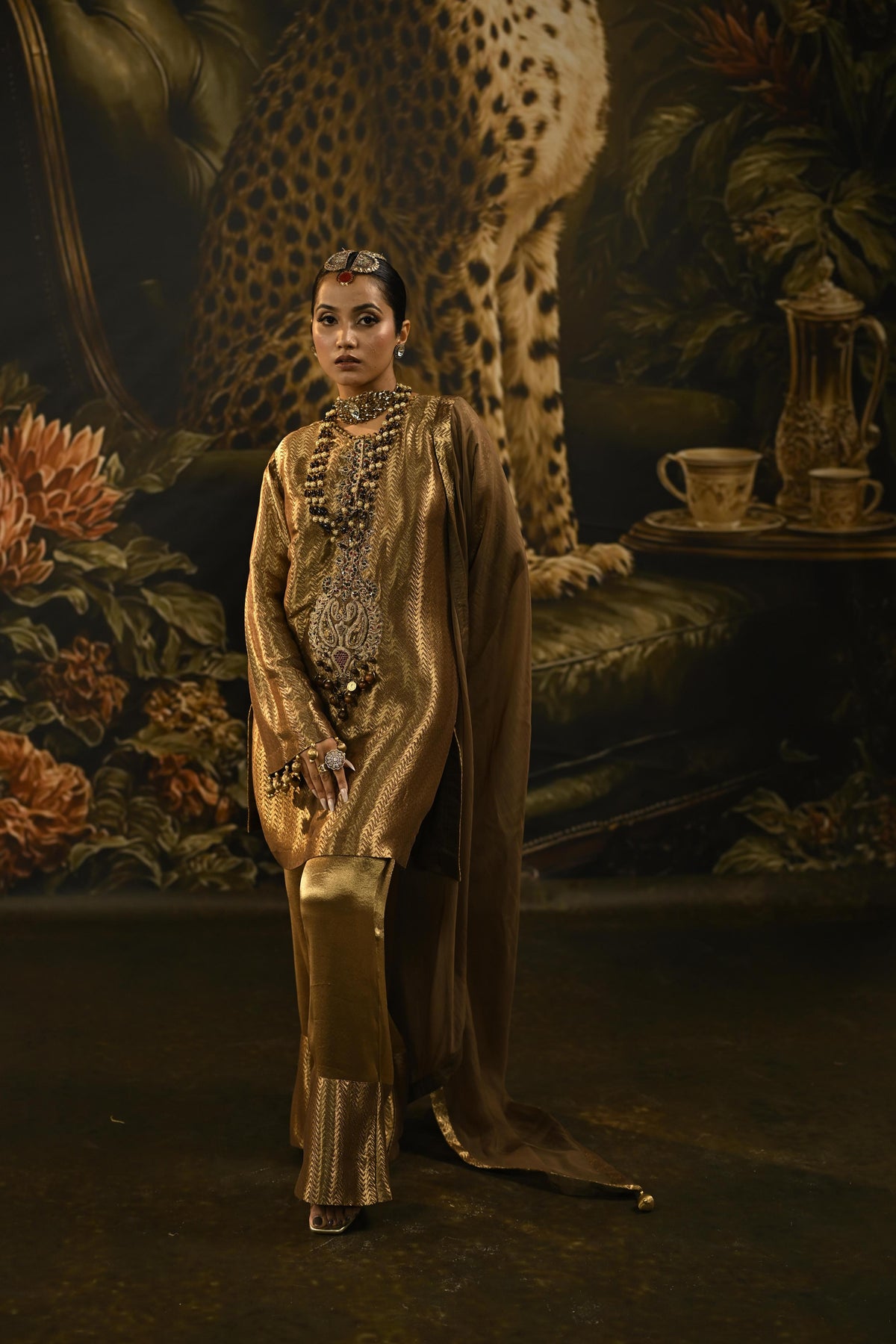 Champagne Gold Embellished Banarasi Brocade Silk Pant Set