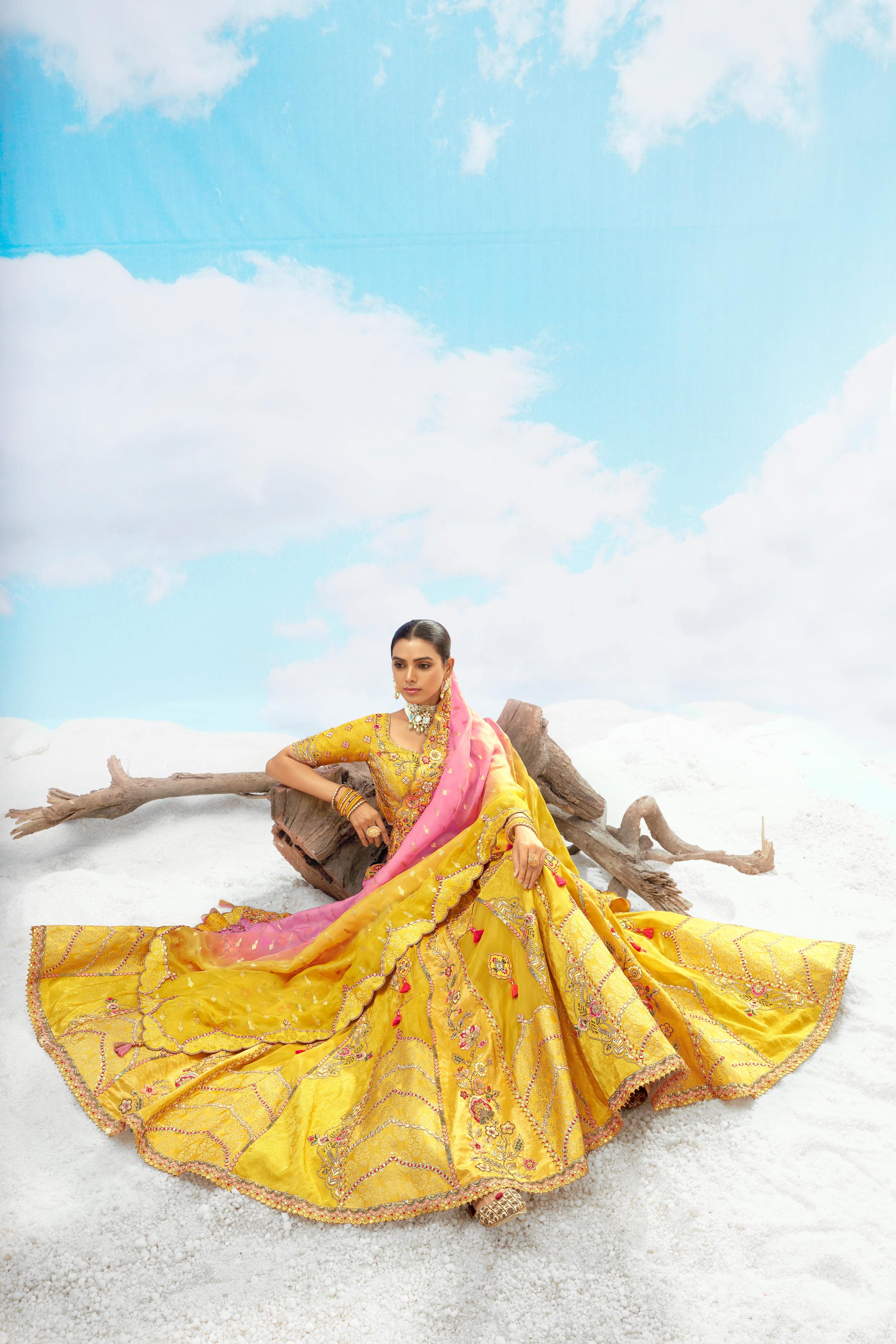 Sunshine Multi Yellow Embellished Premium Tissue Silk Lehenga Set