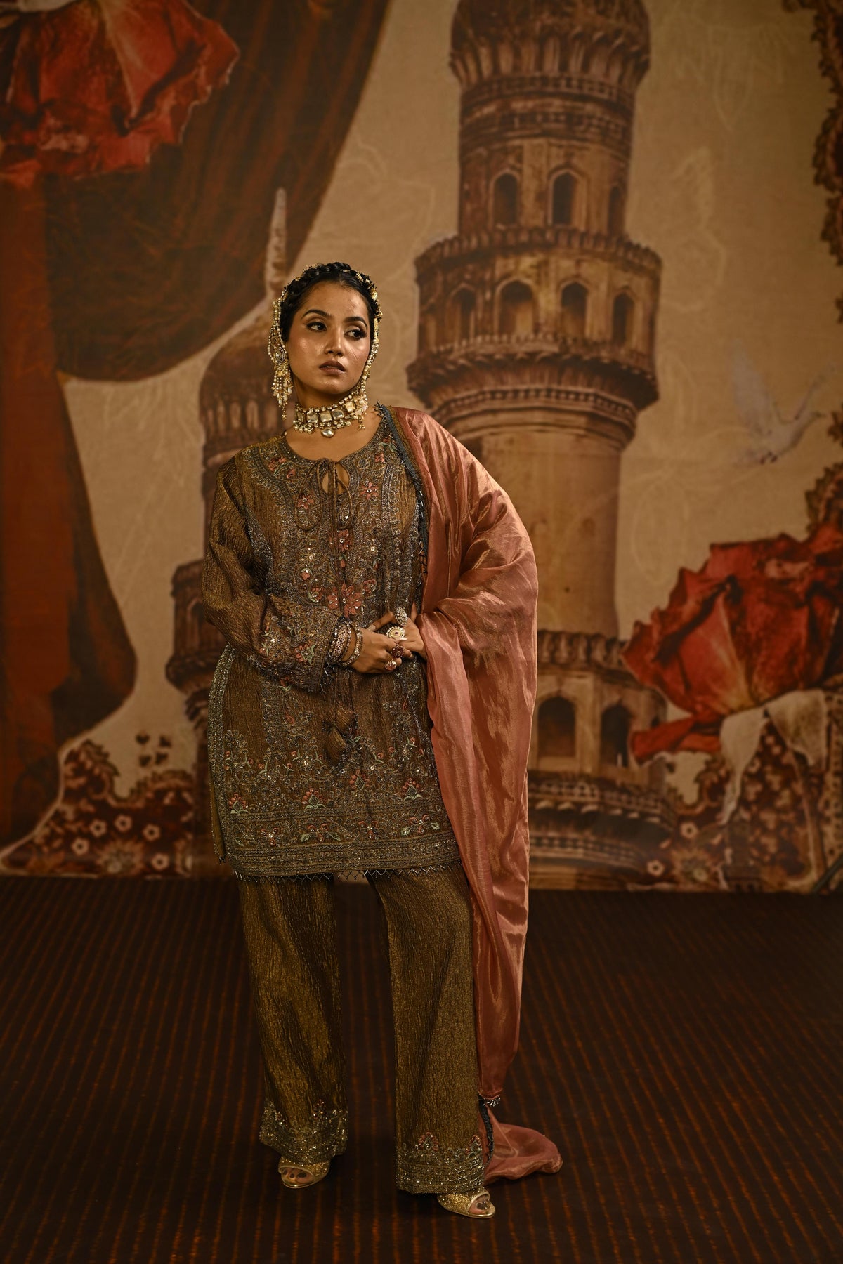 Brown Olive Embellished Tissue Silk Pant Set