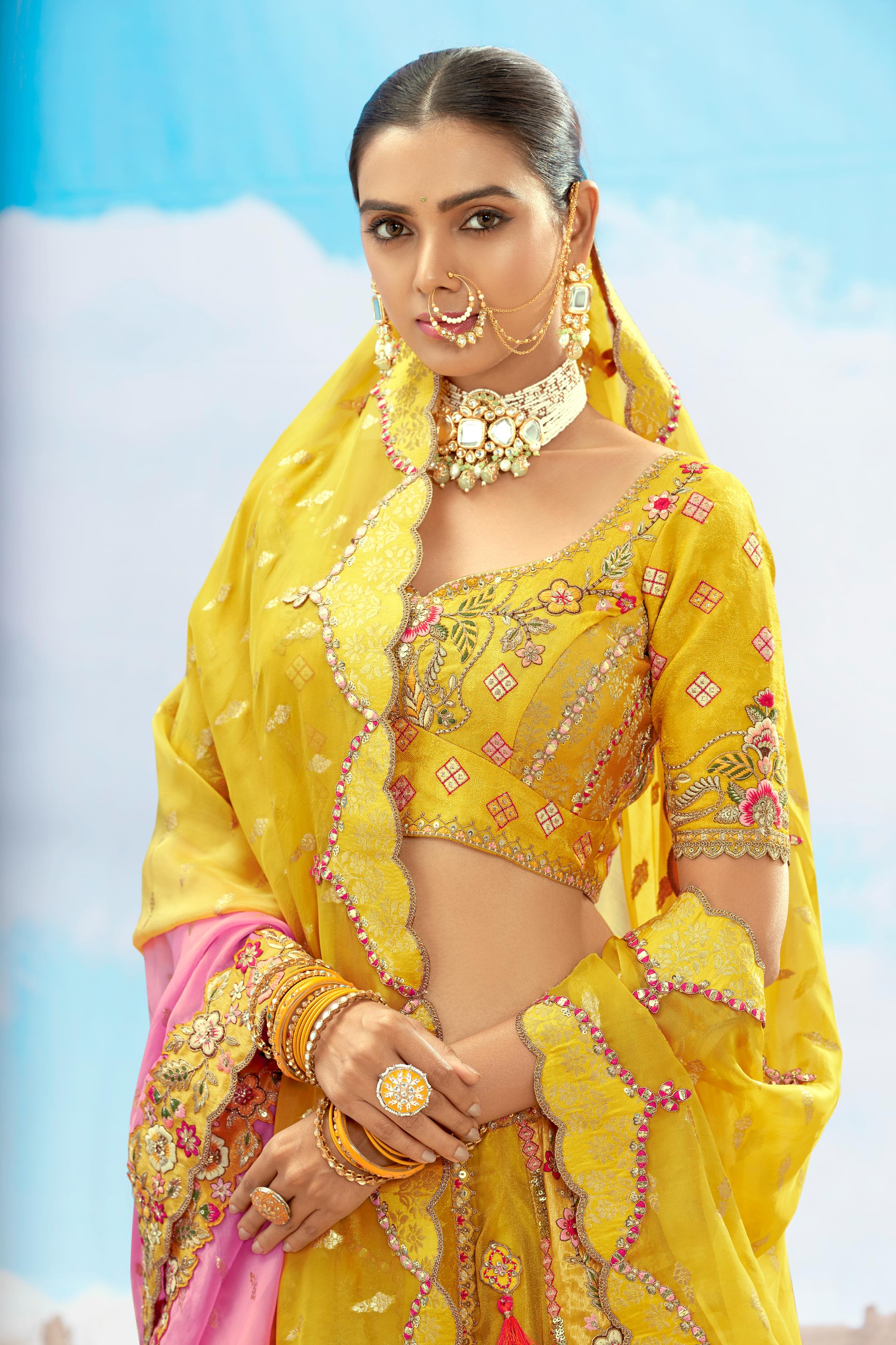 Sunshine Multi Yellow Embellished Premium Tissue Silk Lehenga Set