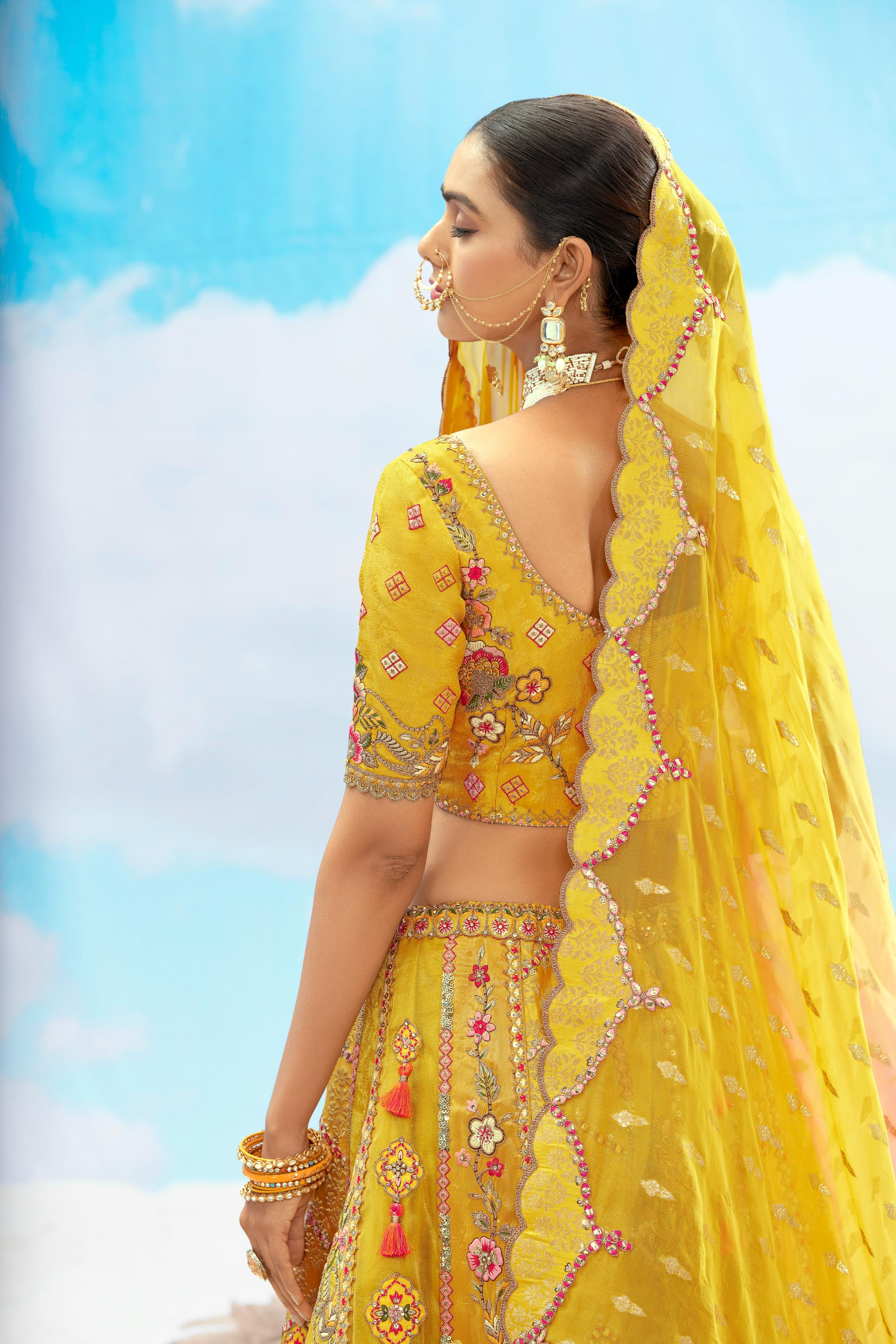 Sunshine Multi Yellow Embellished Premium Tissue Silk Lehenga Set
