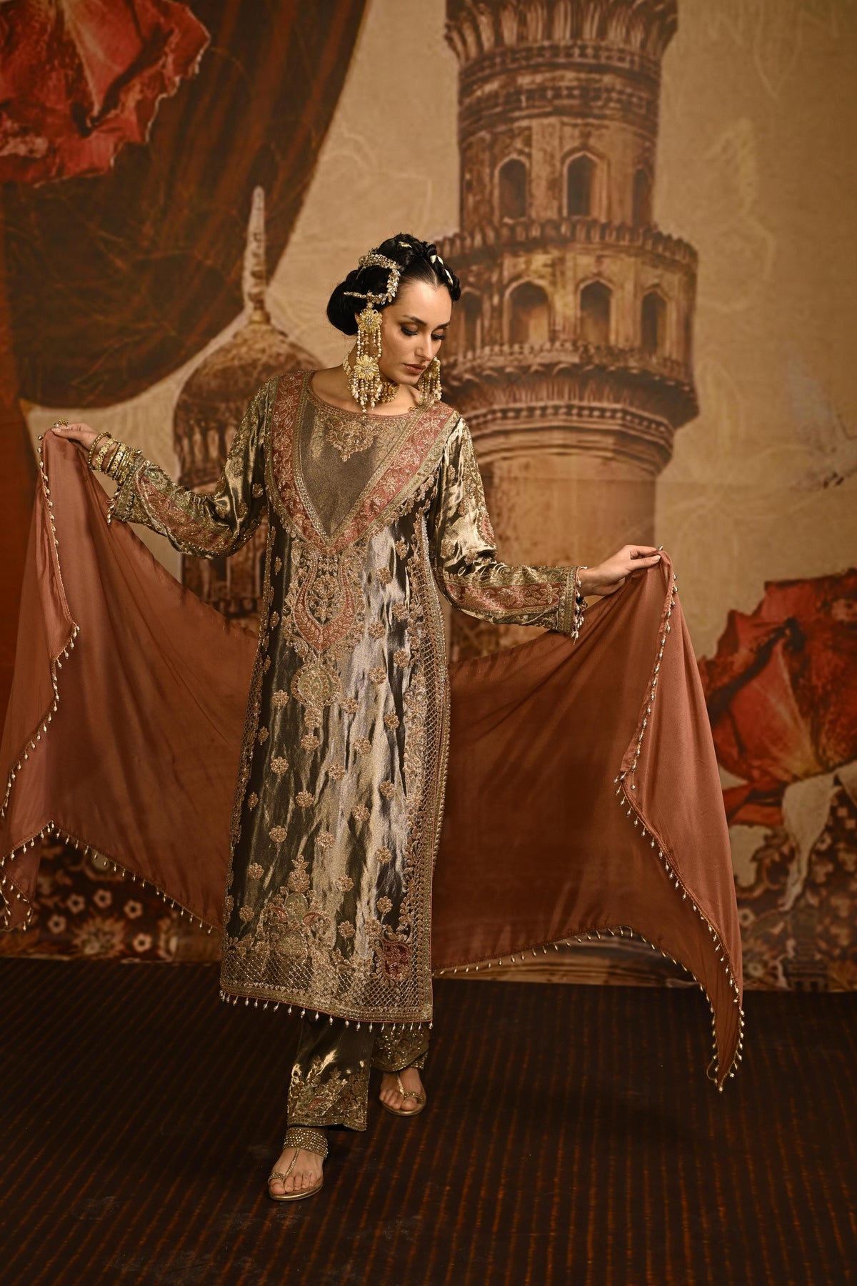 Metallic Brown Embellished Tissue Banarasi Silk Pant Set