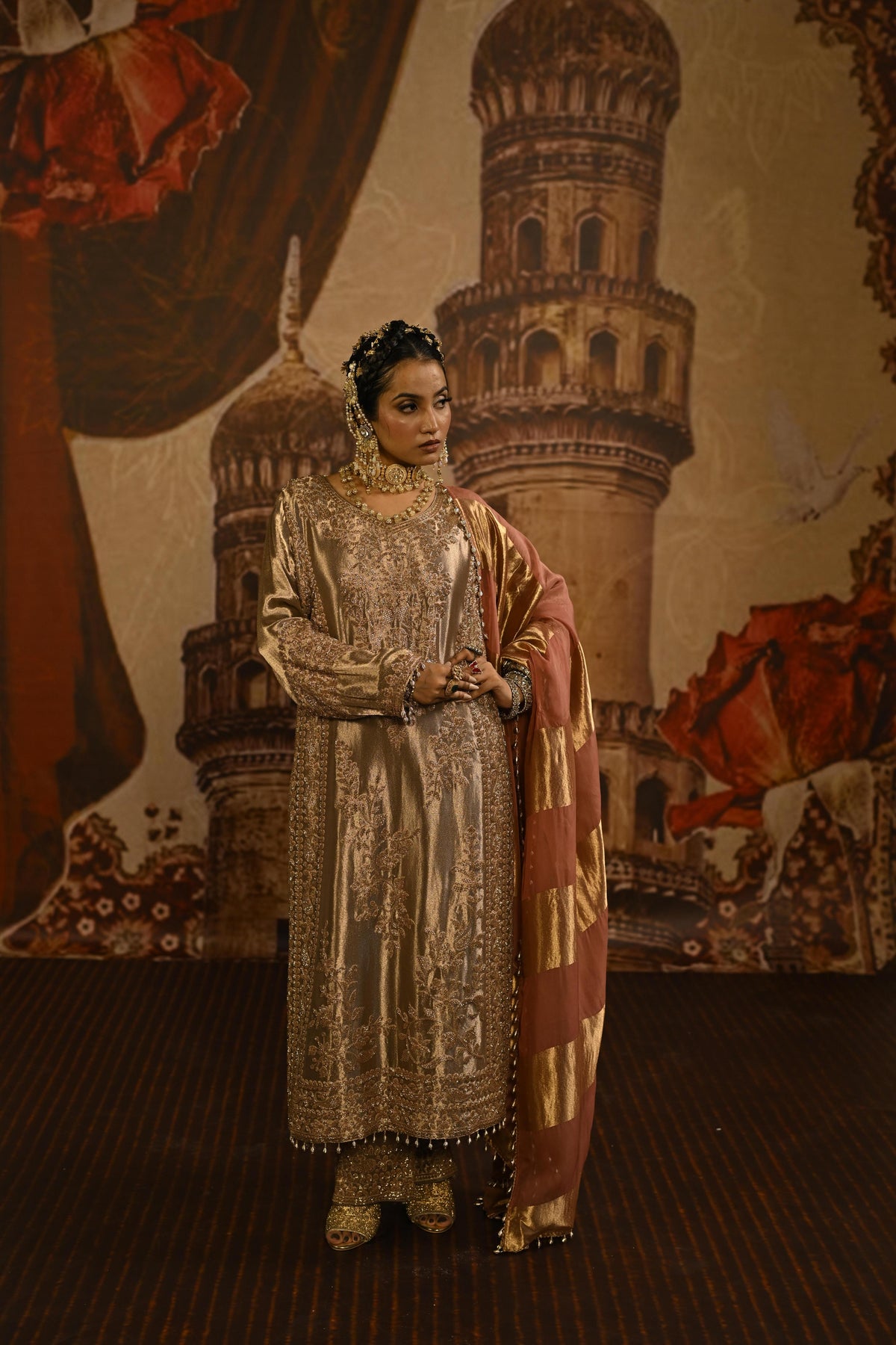 Rose Champagne Embellished Tissue Banarasi Silk Pant Set