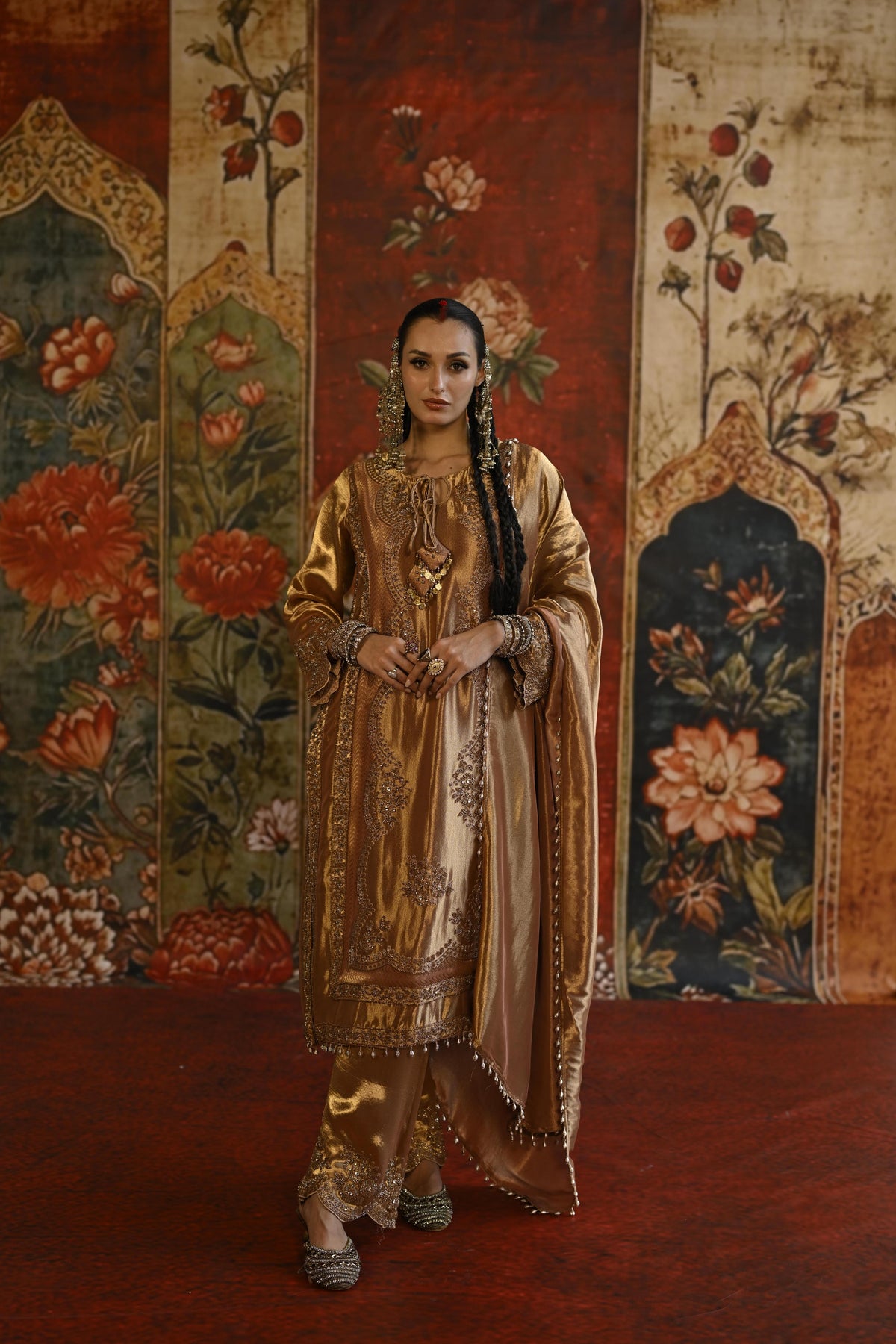 Golden Bronze Embellished Tissue Banarasi Silk Pant Set