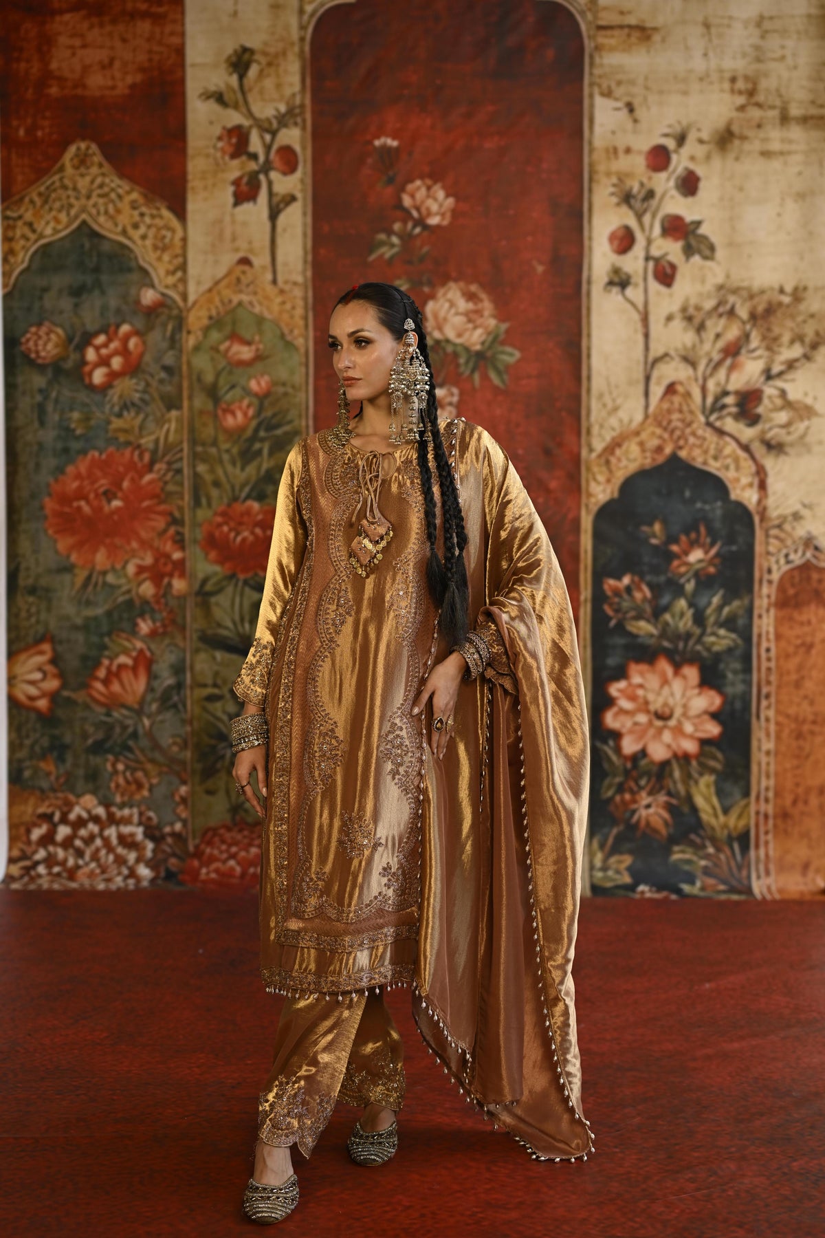 Golden Bronze Embellished Tissue Banarasi Silk Pant Set