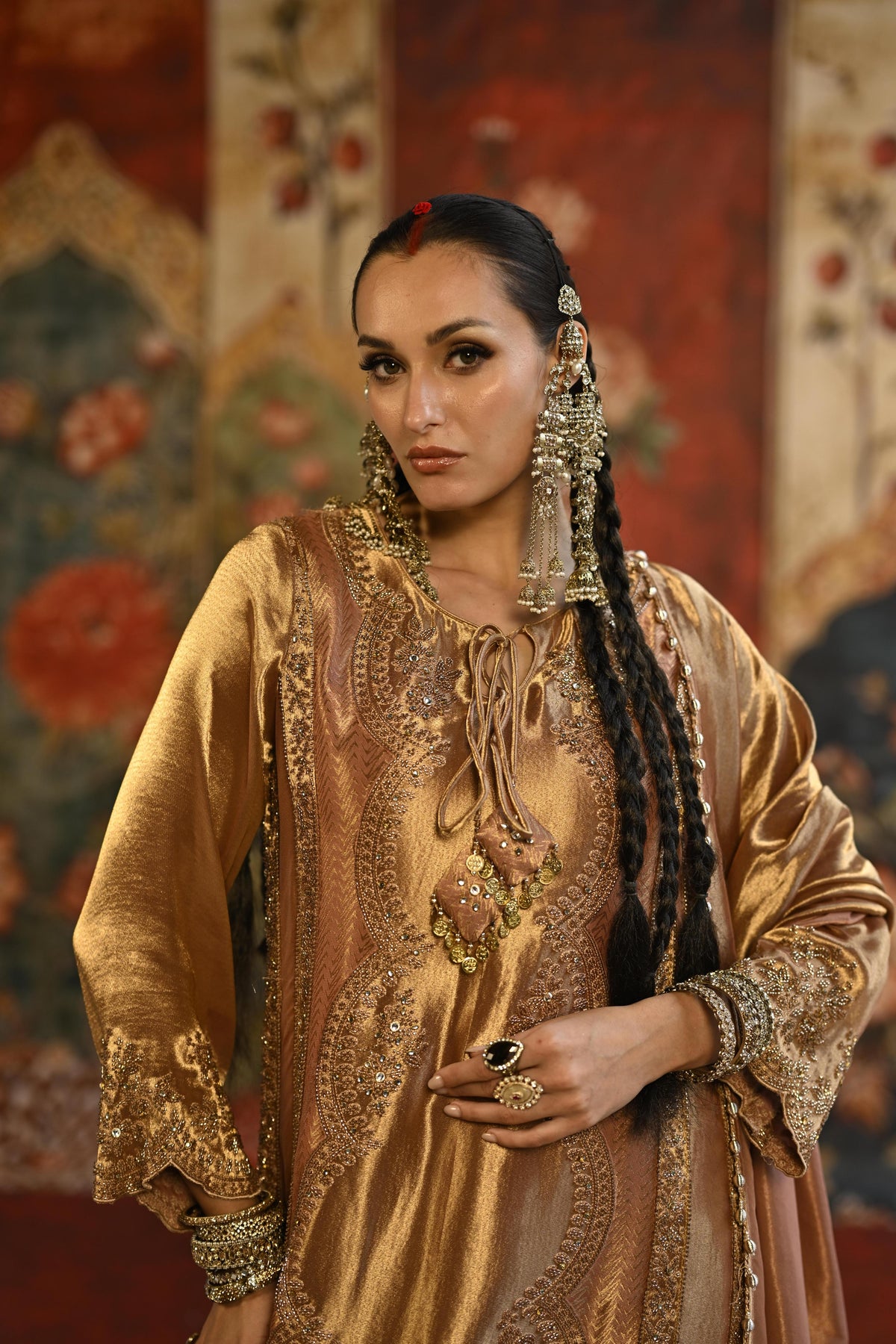 Golden Bronze Embellished Tissue Banarasi Silk Pant Set