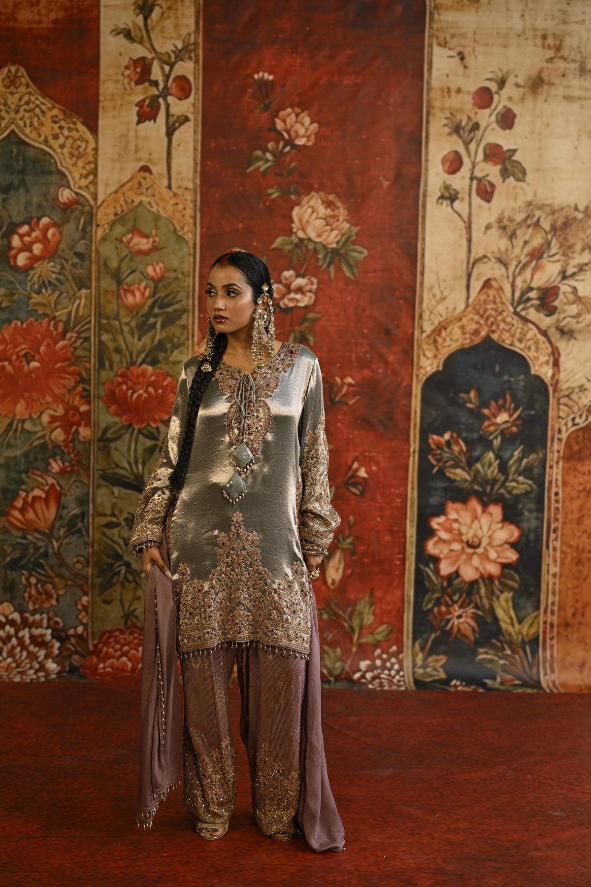 Ivory Silver Embellished Tissue Silk Pant Set