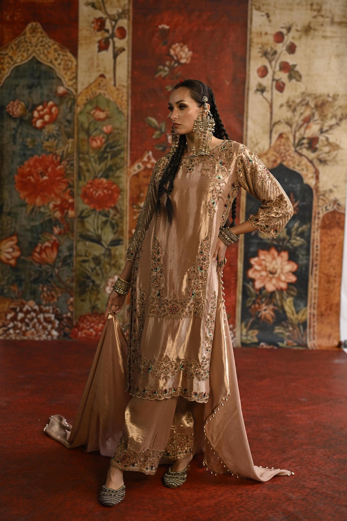 Peach Embellished Tissue Banarasi Silk Pant Set