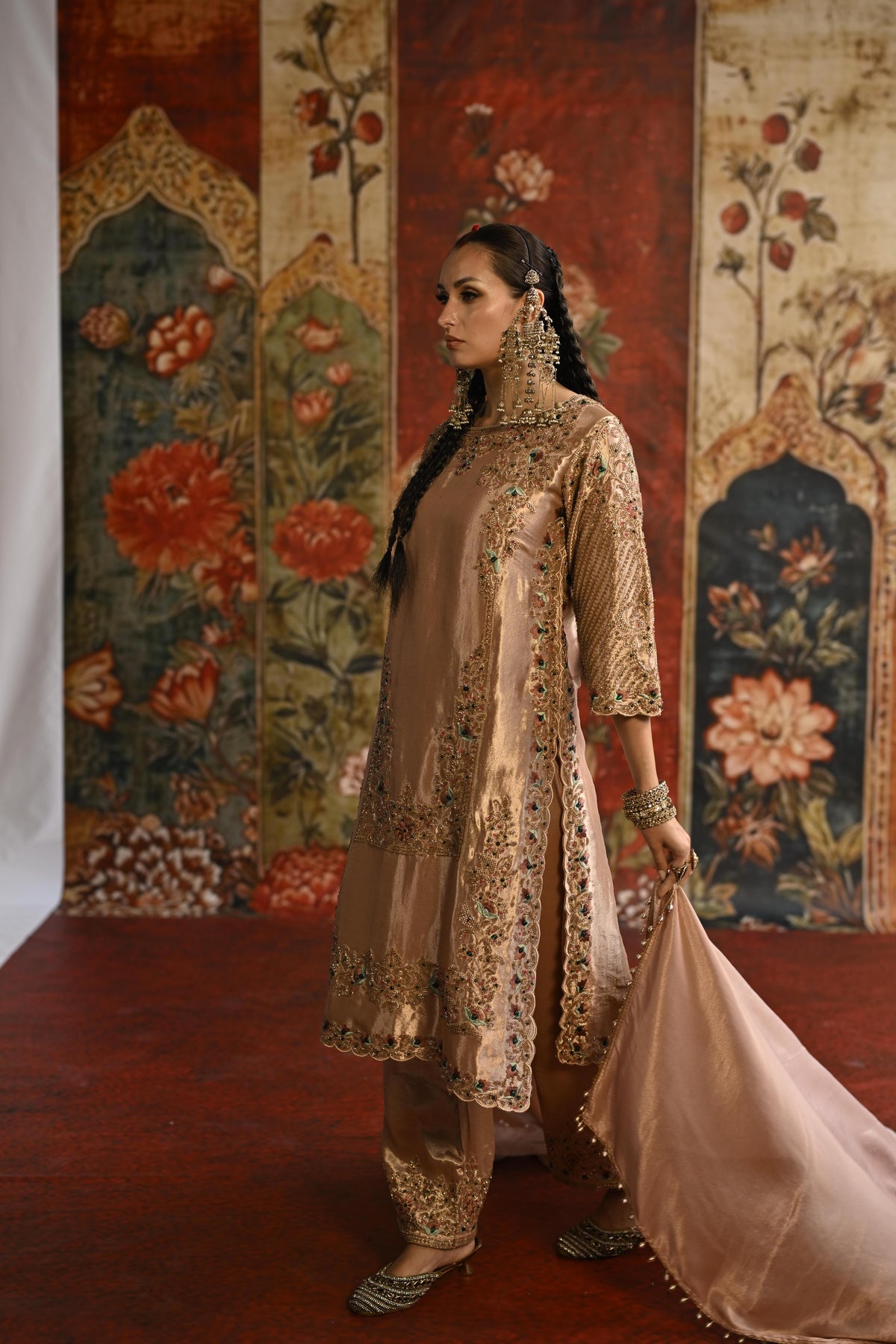 Peach Embellished Tissue Banarasi Silk Pant Set