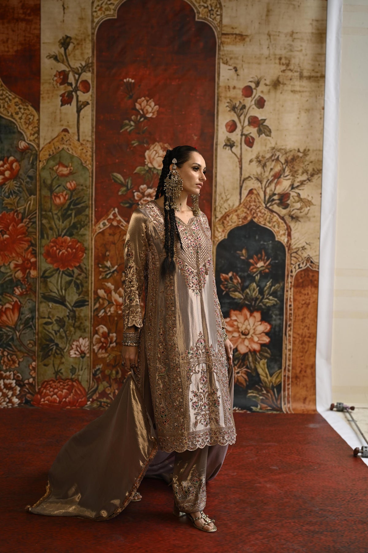 Taupe Ivory Embellished Tissue Banarasi Silk Pant Set