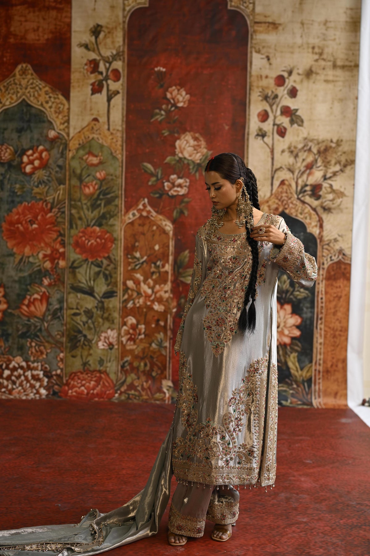 Silver Ivory Embellished Tissue Banarasi Silk Pant Set