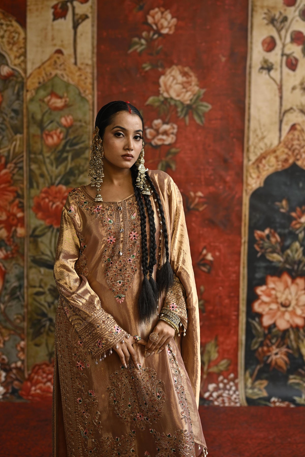 Rose Gold Embellished Tissue Banarasi Silk Pant Set