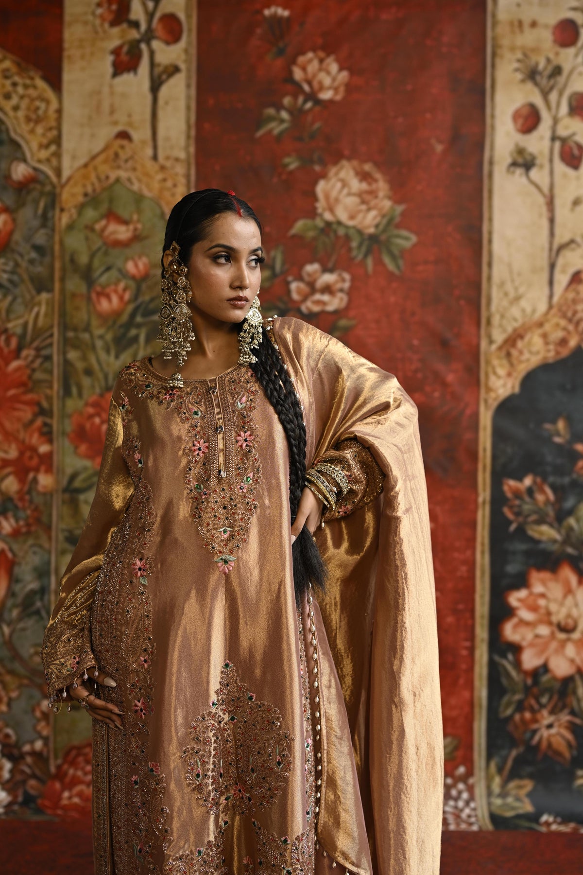 Rose Gold Embellished Tissue Banarasi Silk Pant Set