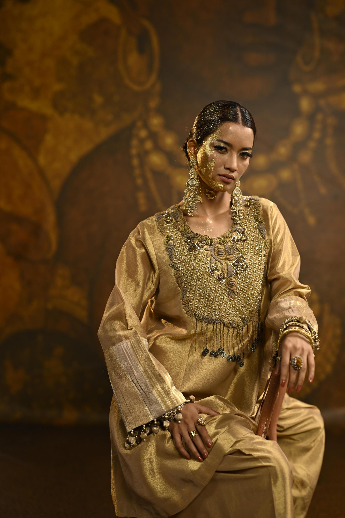 Rich Golden Embellished Banarasi Silk Brocade Kurta Set