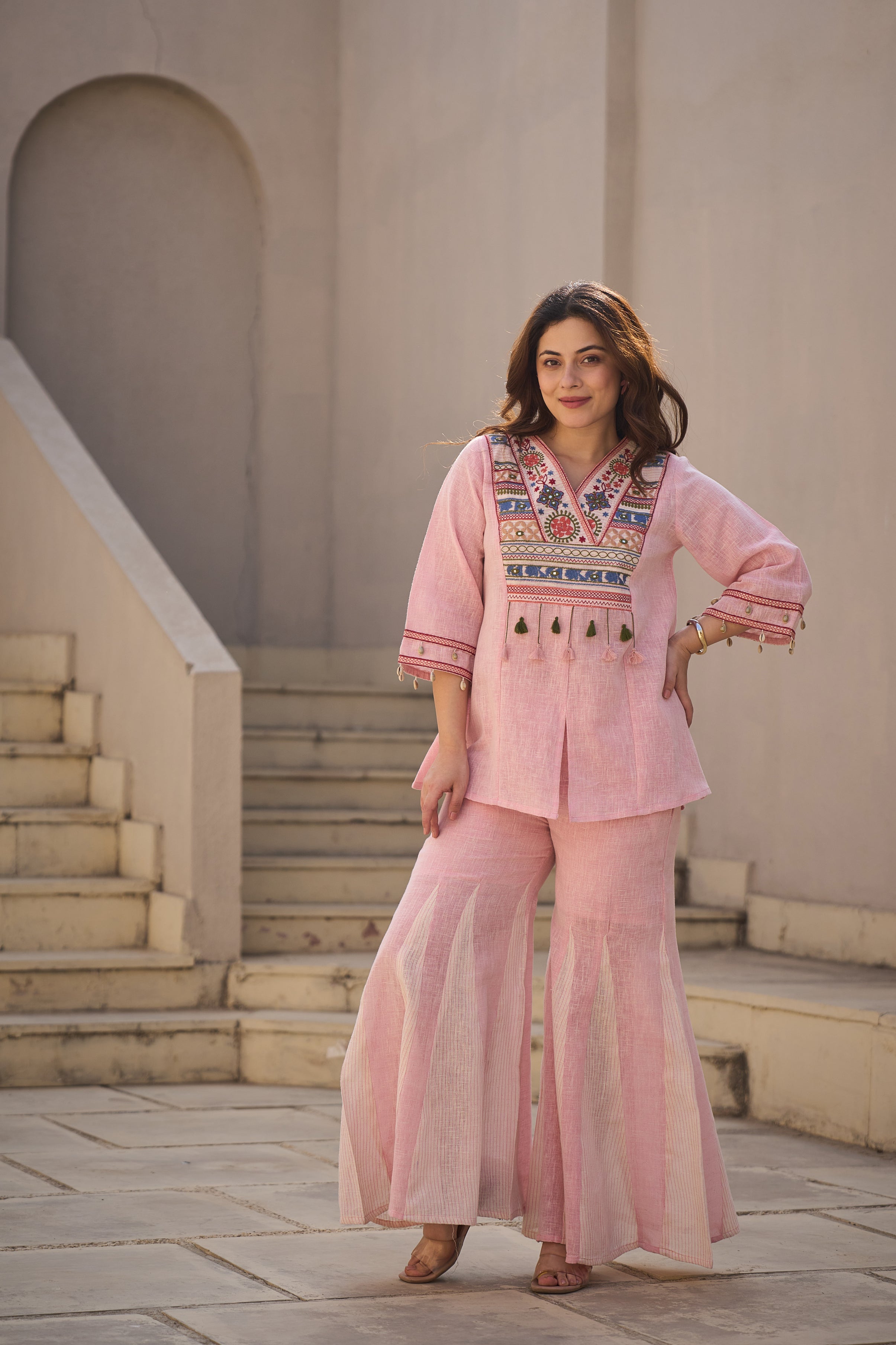Rose Boho Embroidered Linen Co-Ord Set