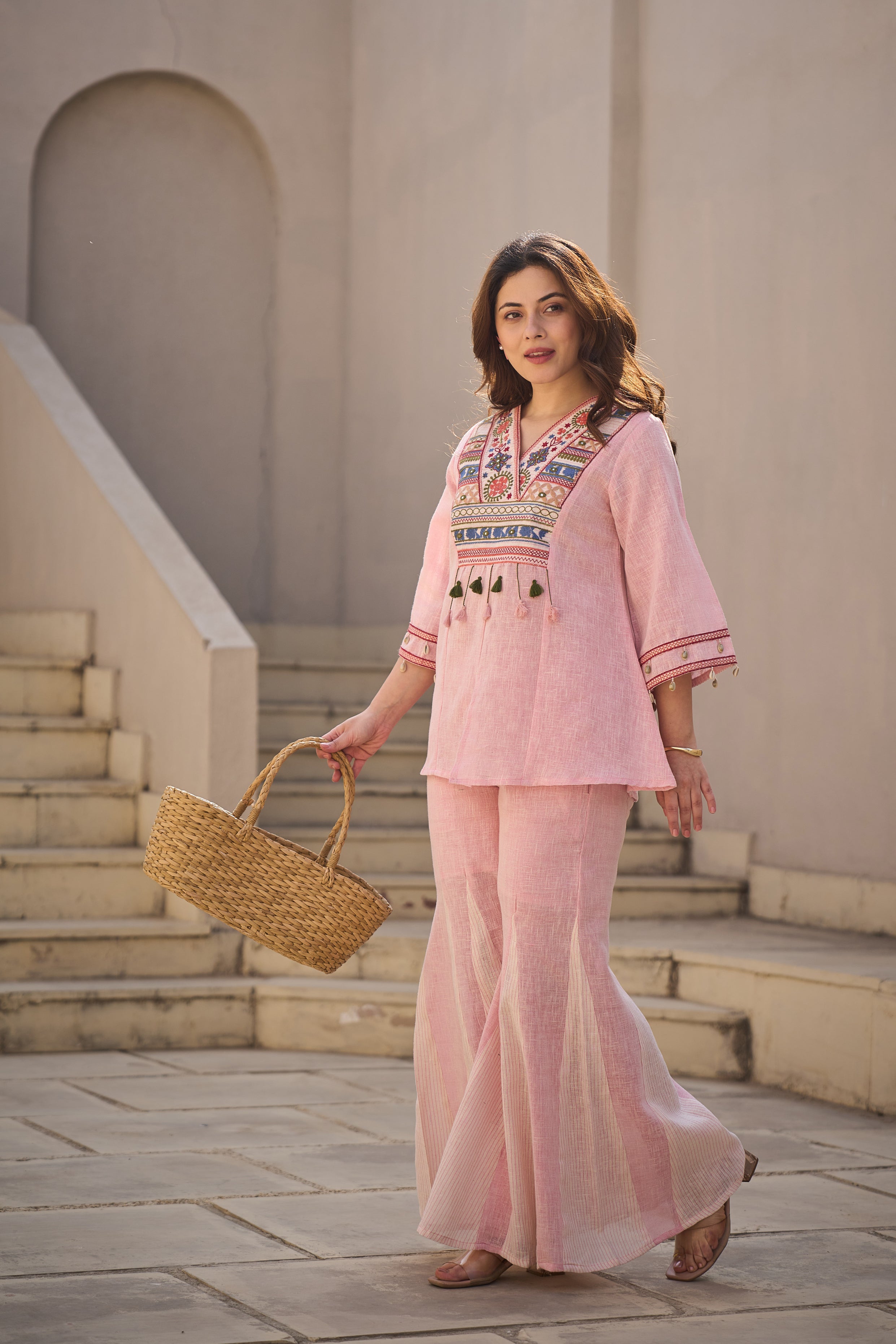 Rose Boho Embroidered Linen Co-Ord Set