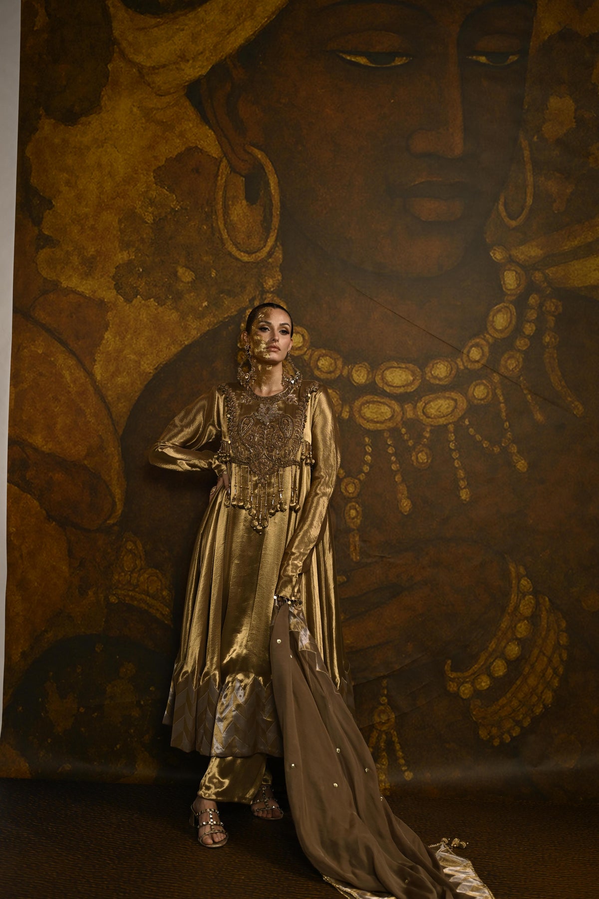 Antique Gold Embellished Banarasi Silk Tissue Anarkali Set