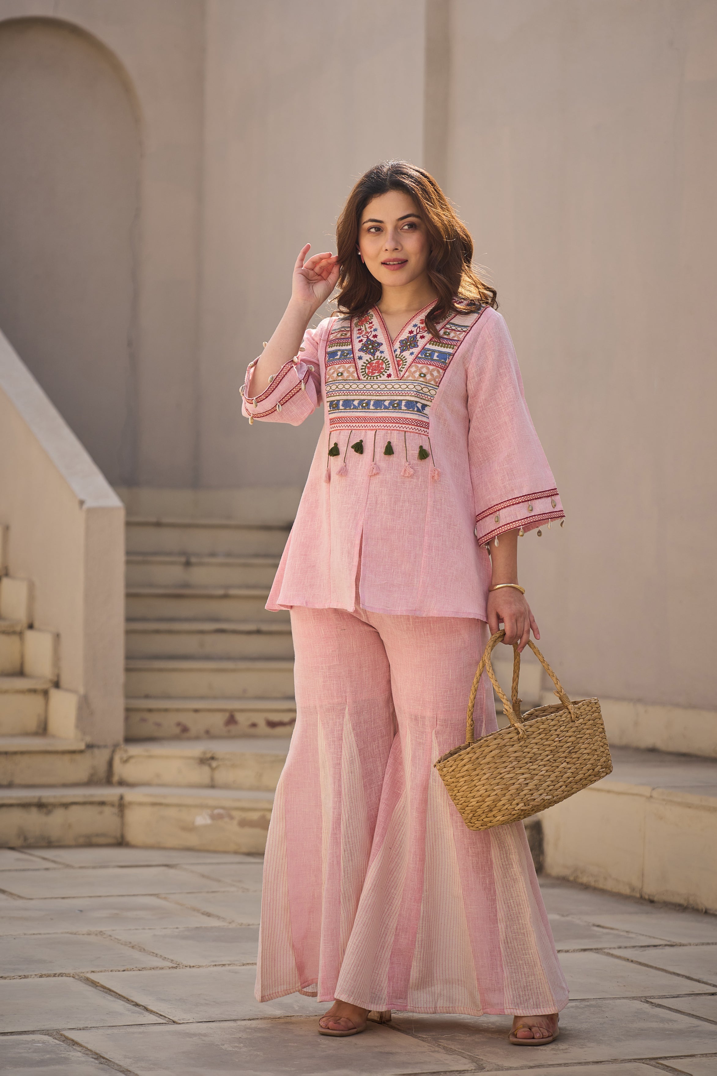 Rose Boho Embroidered Linen Co-Ord Set