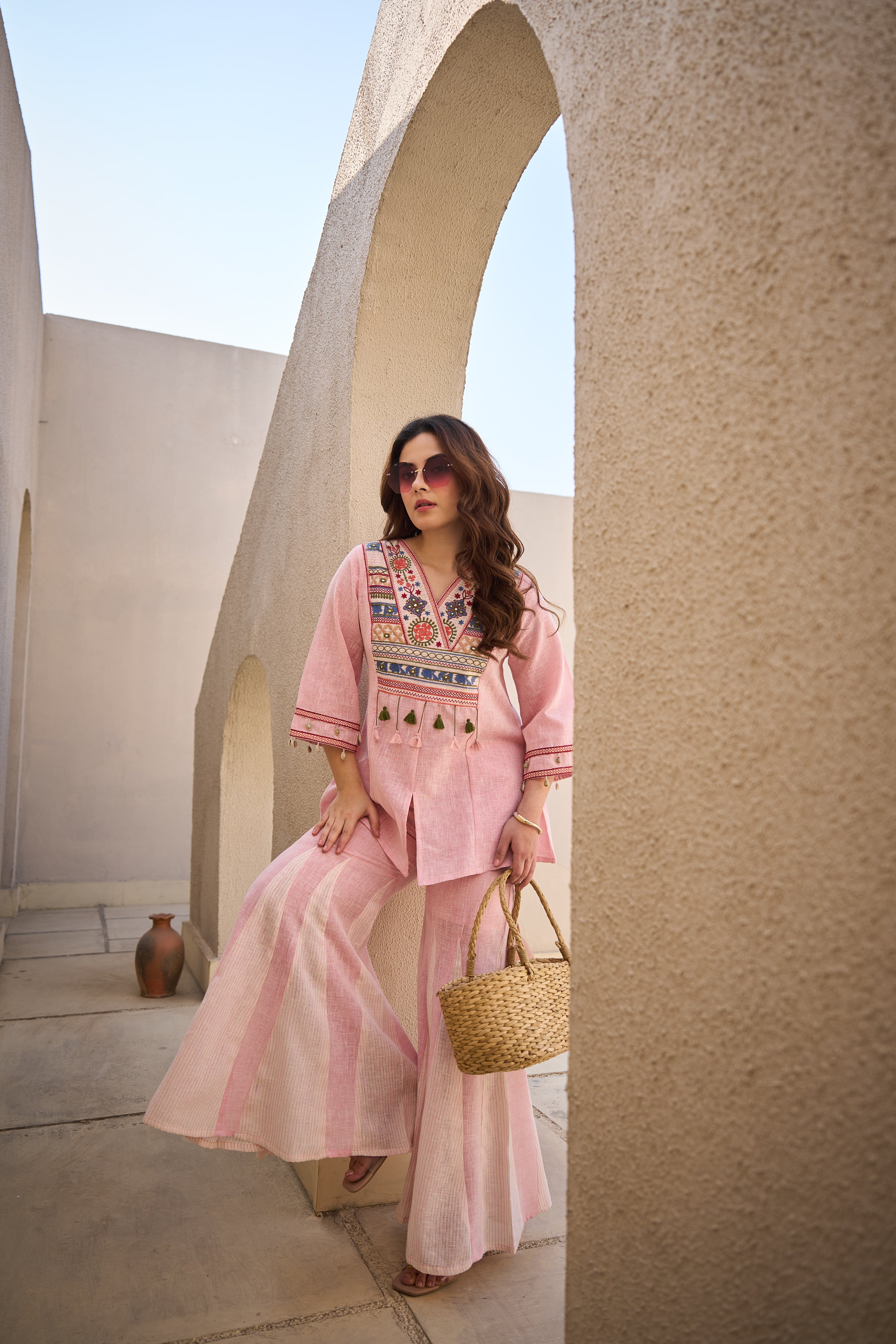 Rose Boho Embroidered Linen Co-Ord Set