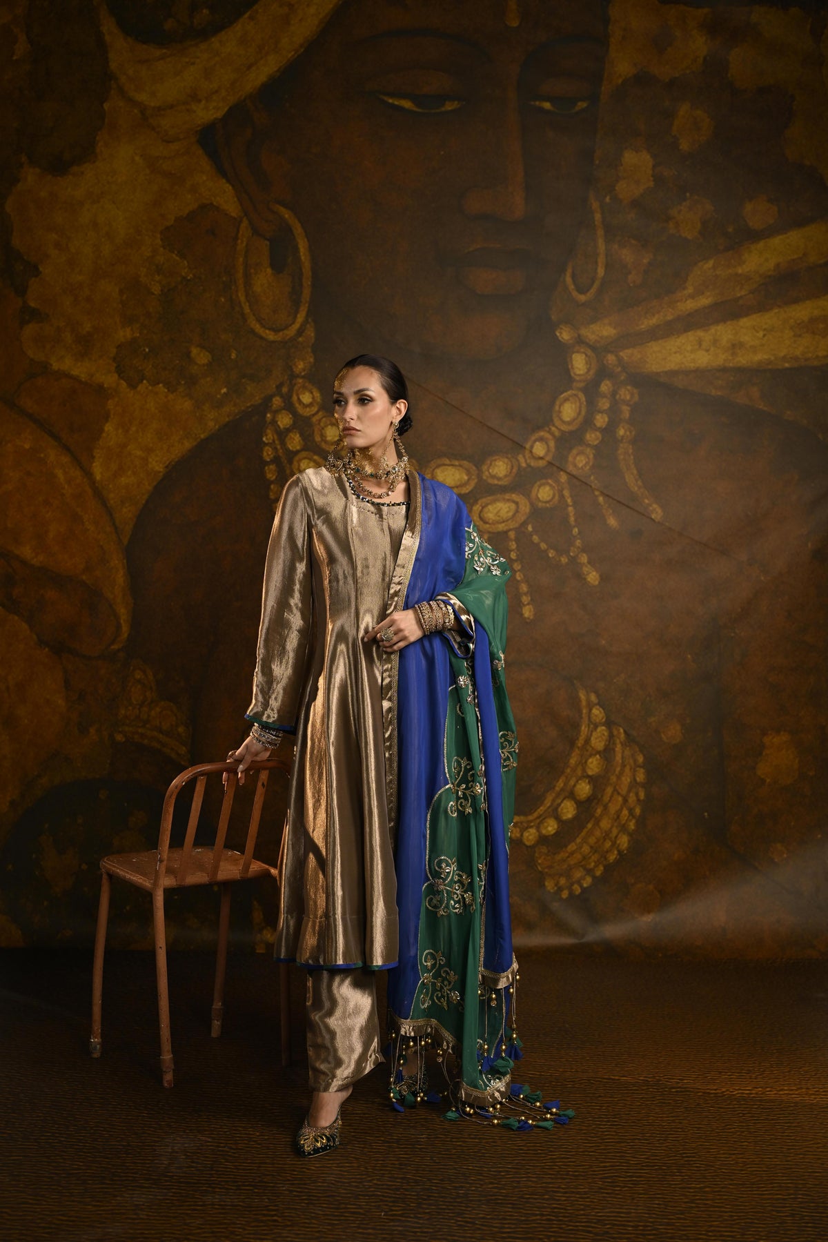 Bronze Gold Embellished Banarasi Silk Tissue Anarkali Set
