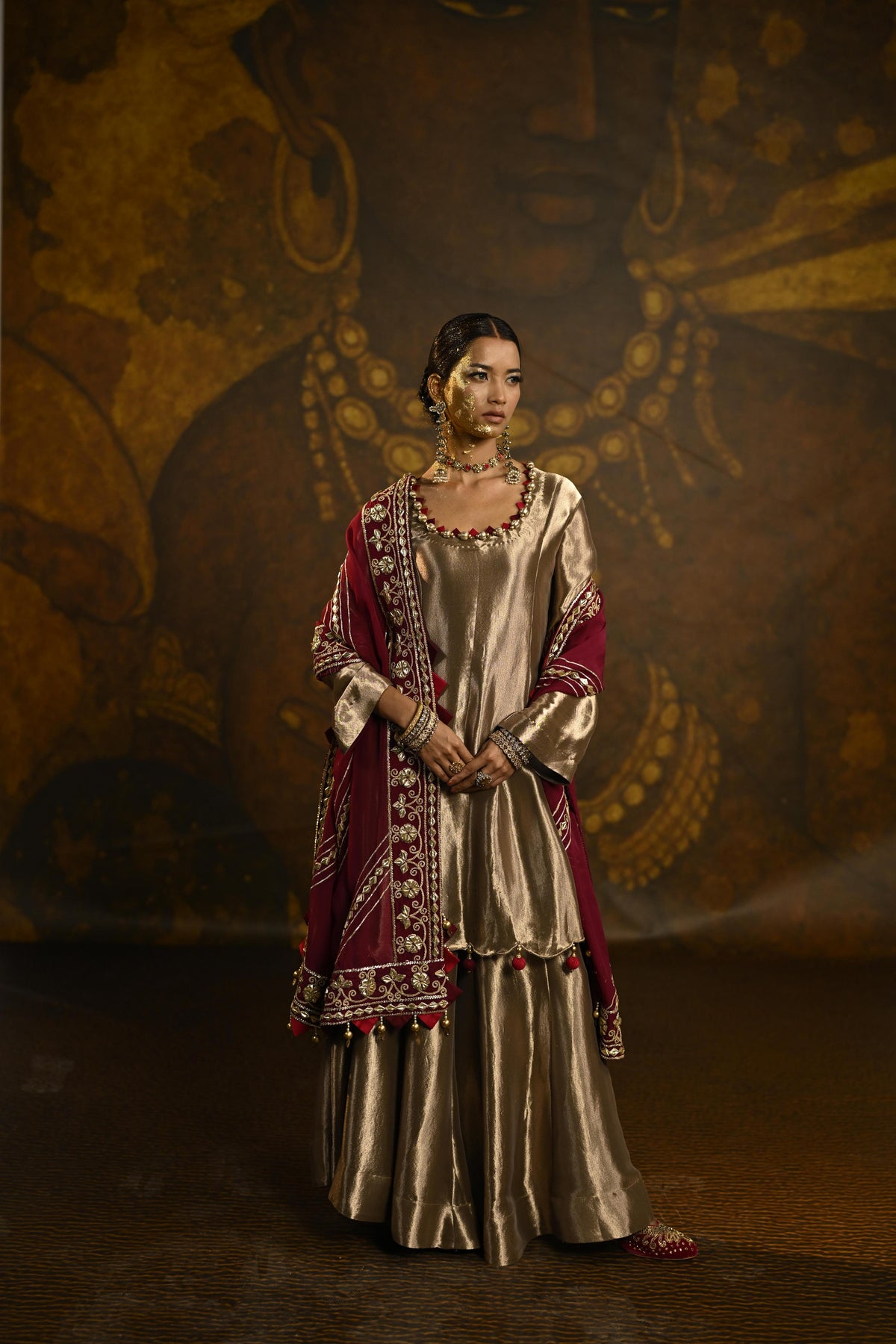 Gold Royal Embellished Tissue Banarasi Silk Sharara Set