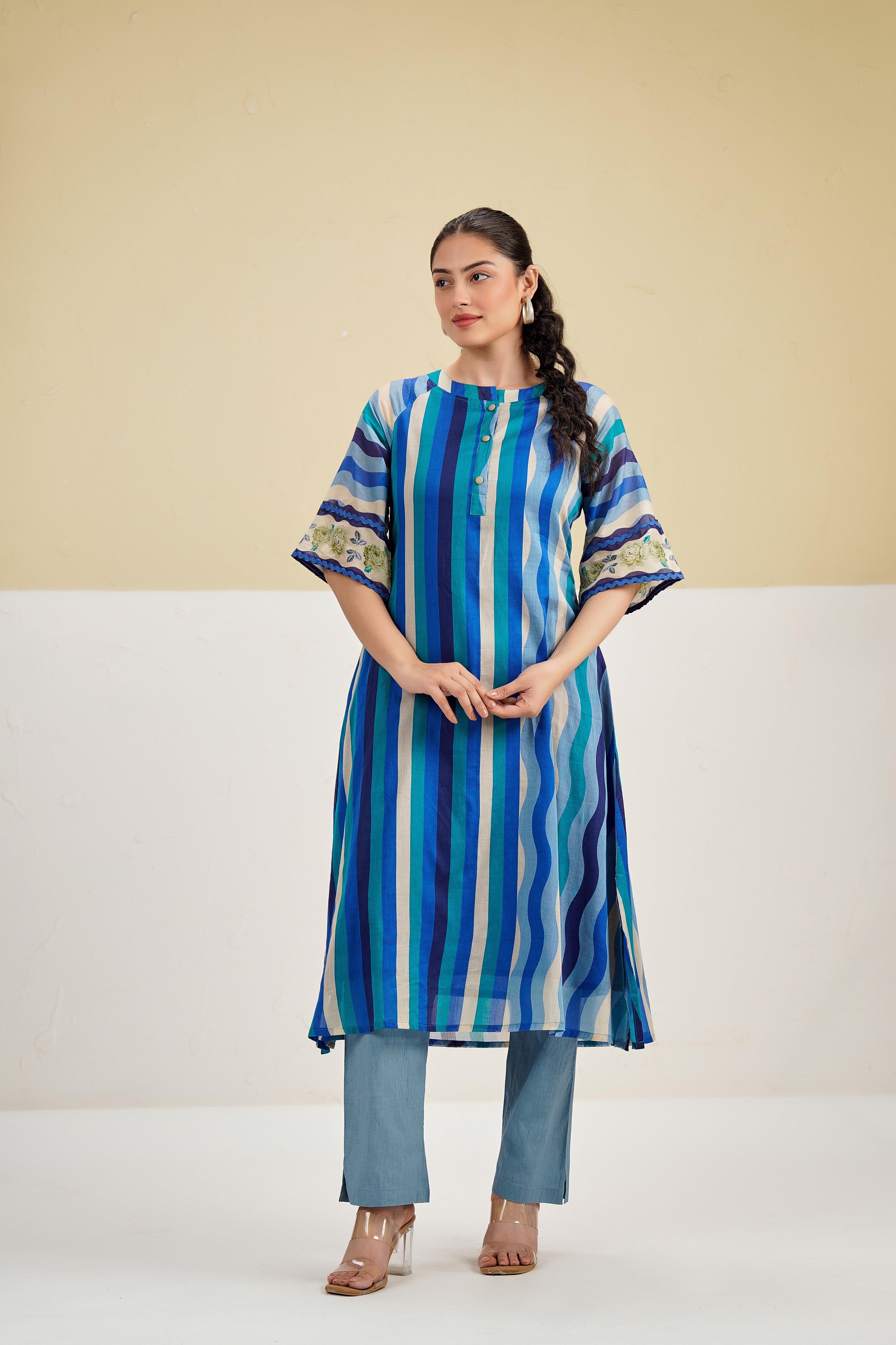 Blue Stripe Printed Cotton Kurta Set