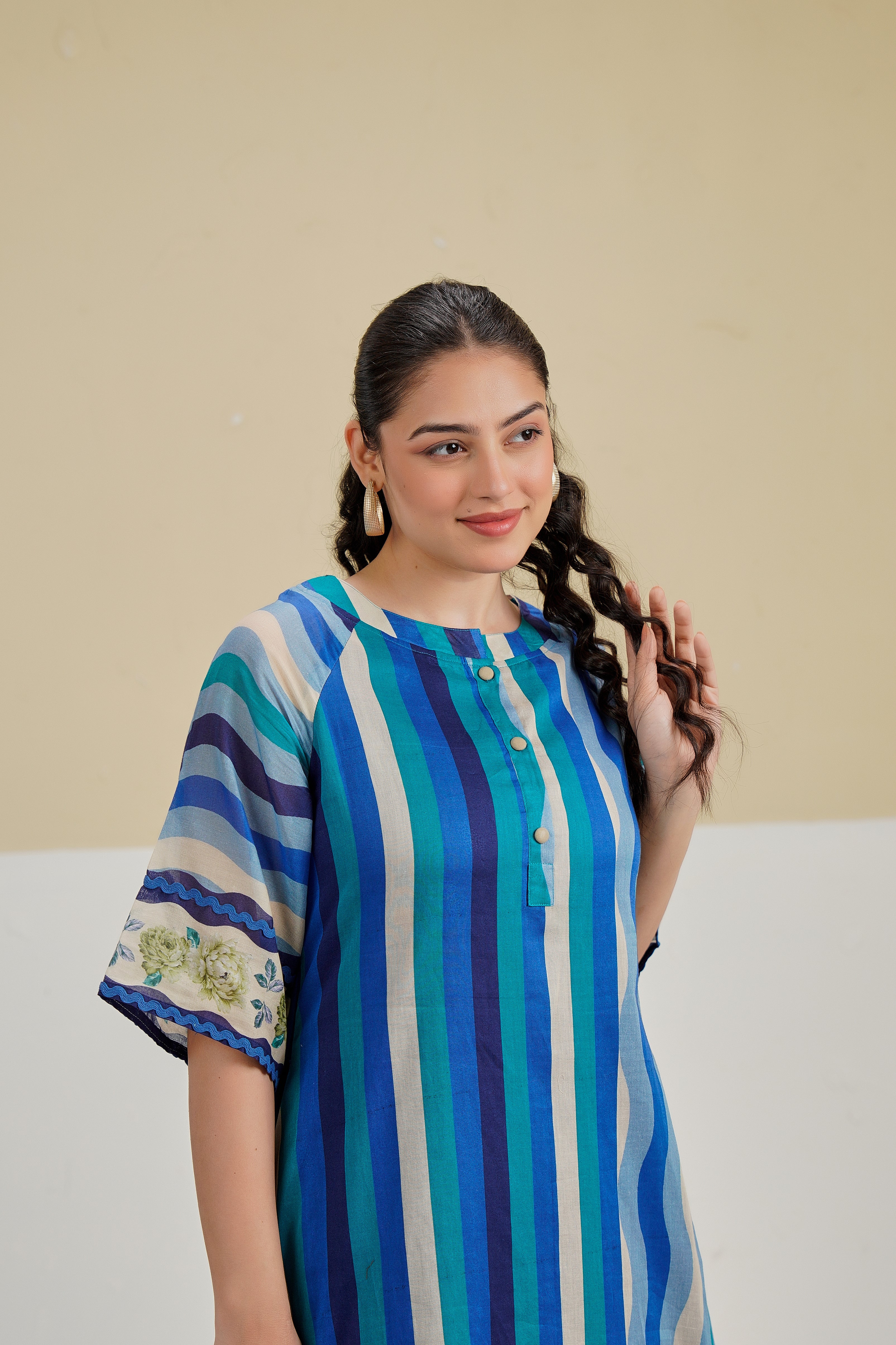 Blue Stripe Printed Cotton Kurta Set