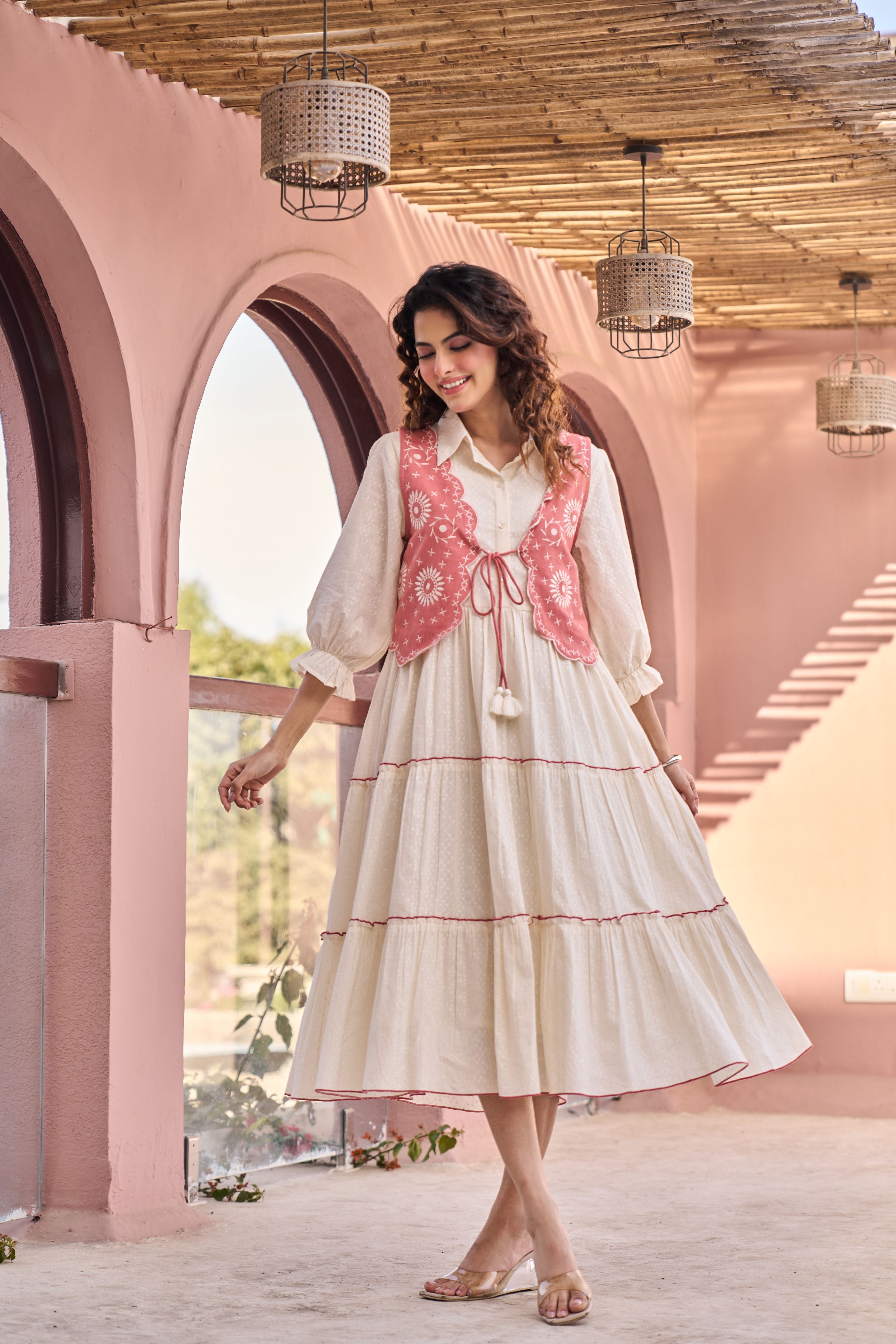 Boho Blush Cotton Midi Flared Dress