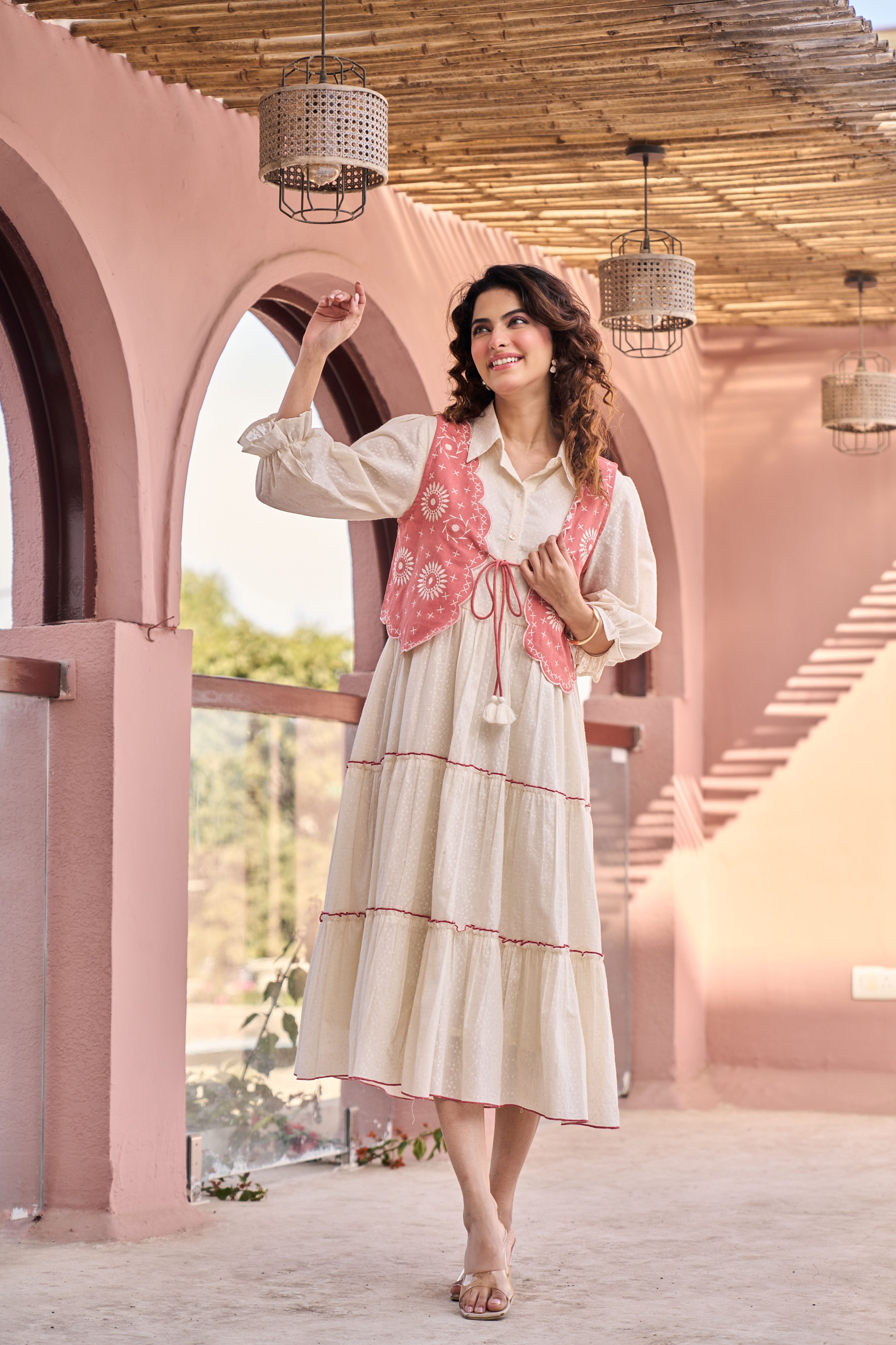 Boho Blush Cotton Midi Flared Dress