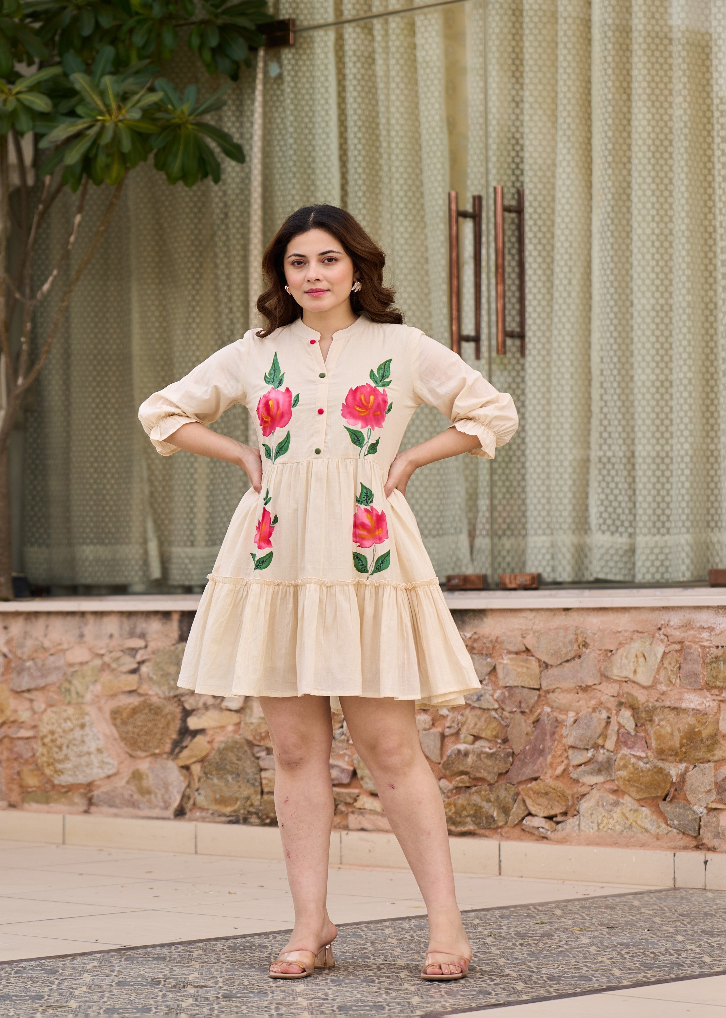 Beige Blush Printed Cotton Dress