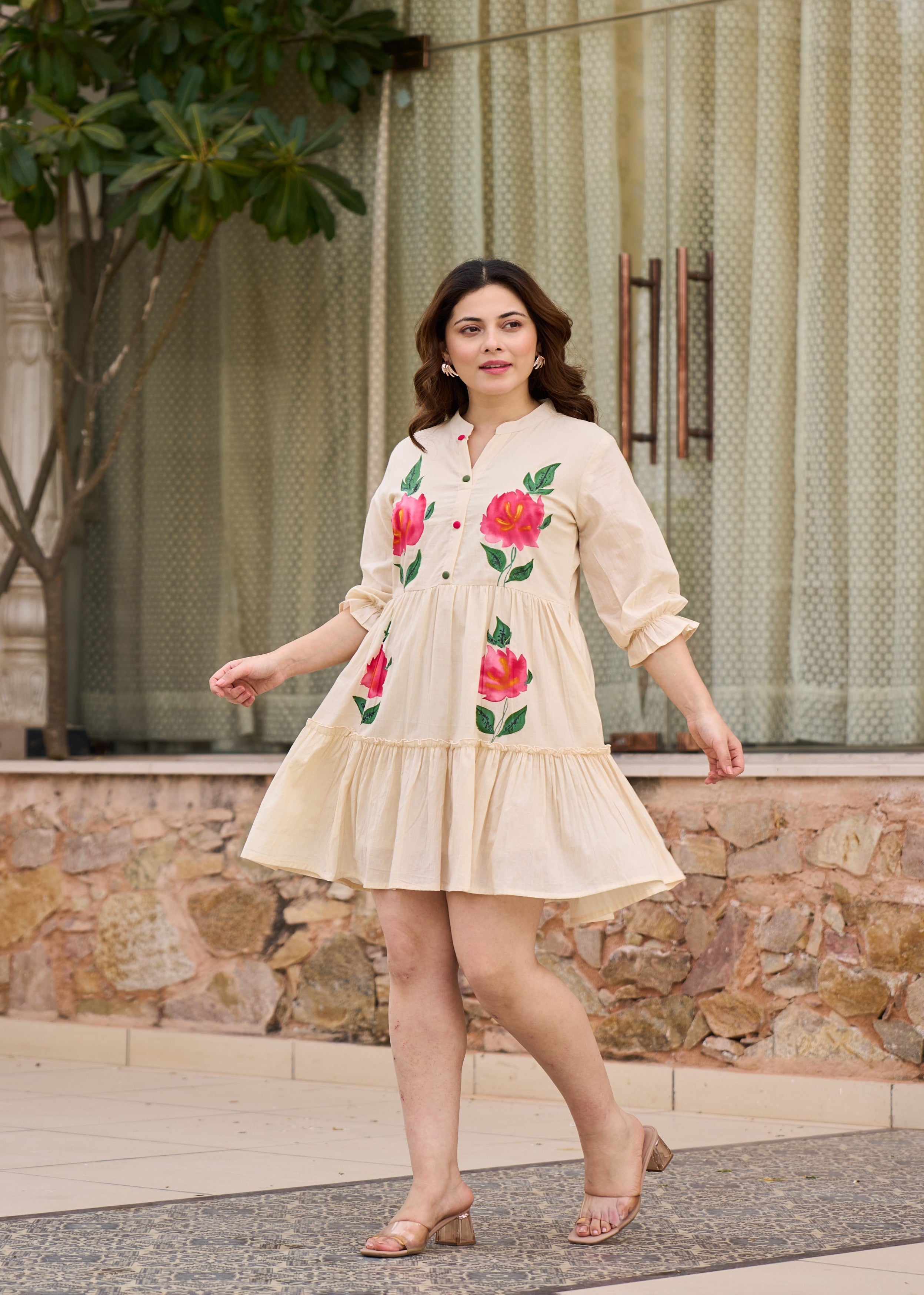 Beige Blush Printed Cotton Dress