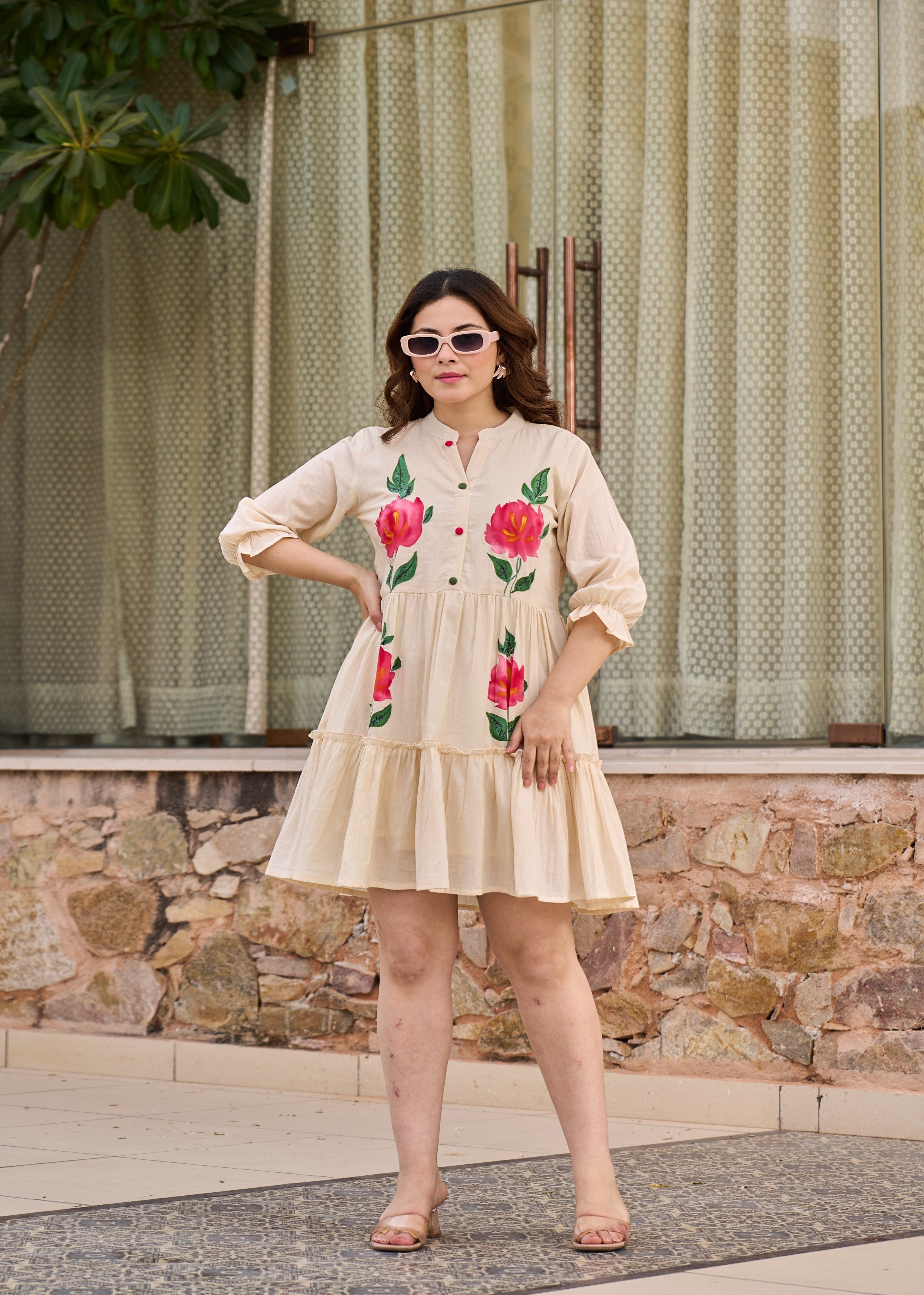 Beige Blush Printed Cotton Dress